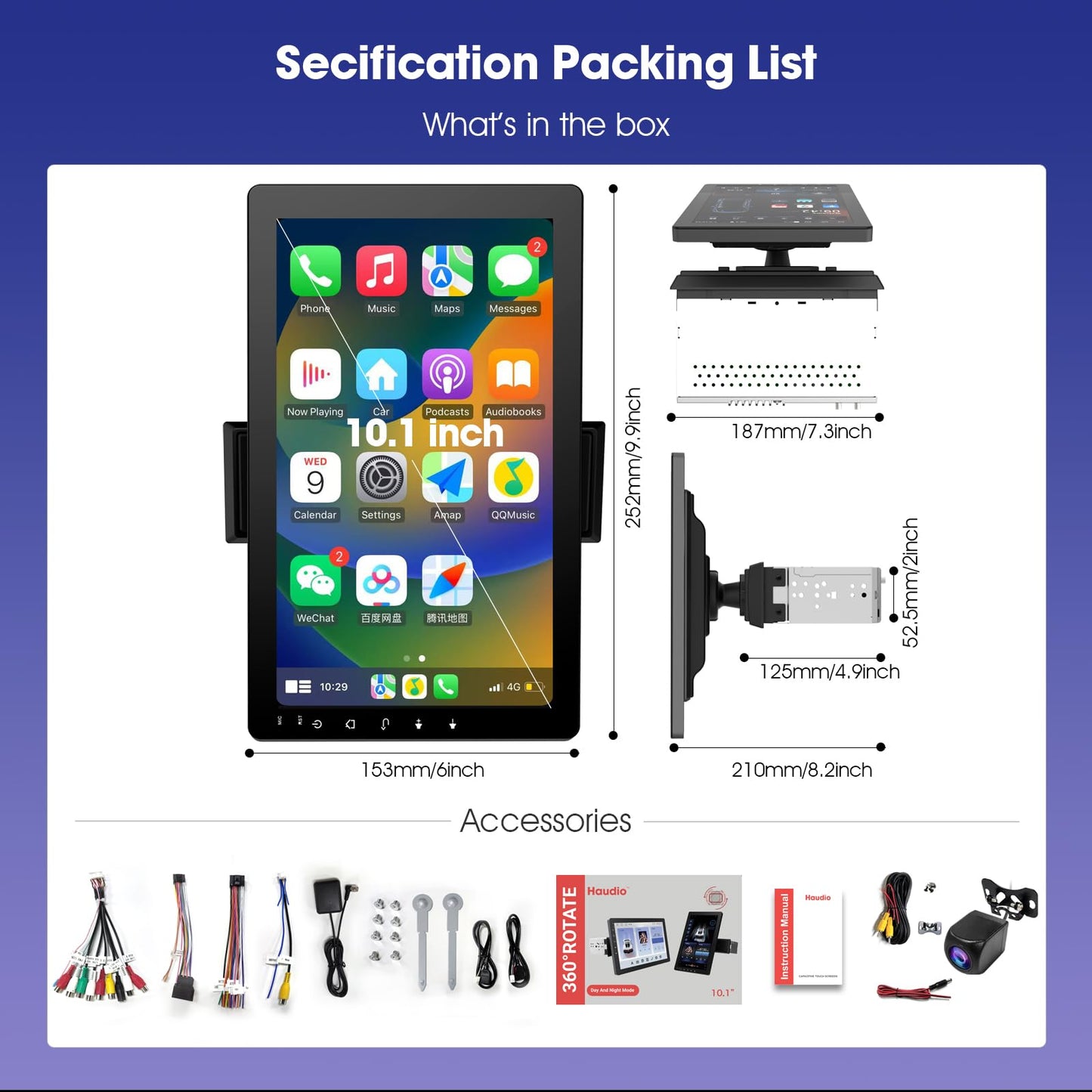 10.1 Inch Rotatable Carplay Screen for Car and Android Auto,Single Din Car Stereo with 720P Backup Camera,Touch Screen GPS Navigation,Bluetooth,Voice Control