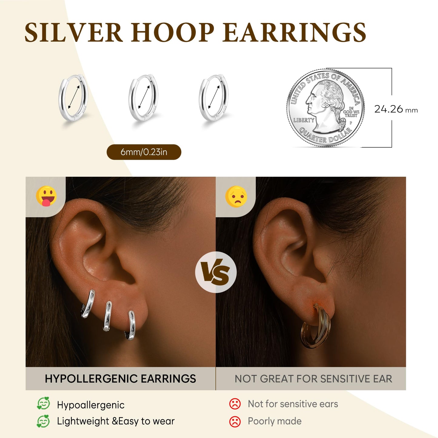 Gokeey Small Gold Huggie Hoop Earrings for Women 14K Gold Plated Lightweight Hoop Earrings Set for Women Hypoallergenic Earrings for Gifts(silver,6mm/6mm/6mm)