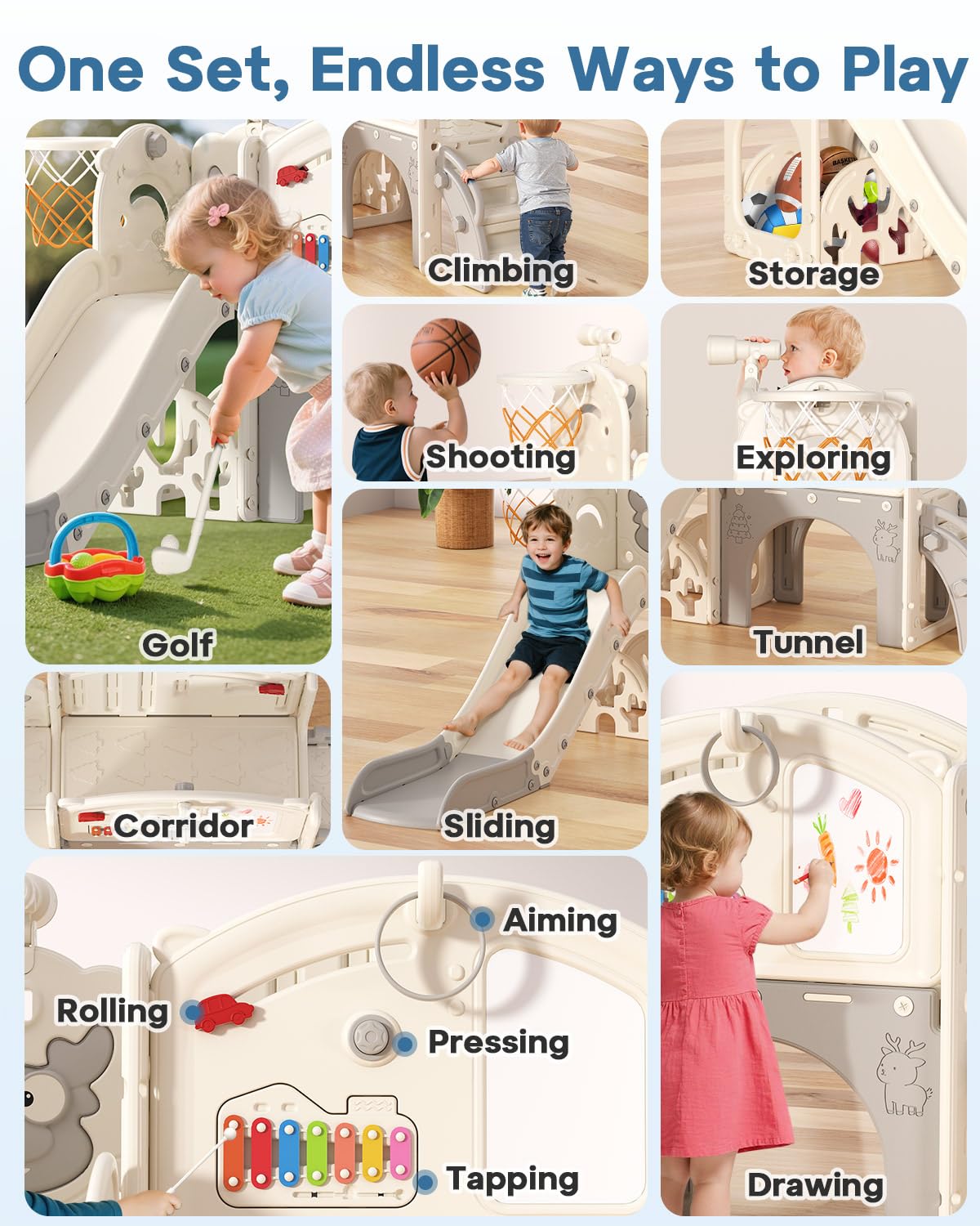 BIERUM Toddler Slide Set, 13 in 1 Kids Indoor Slide for Toddler 1-3, Indoor Outdoor Toddler Slide Playset with Basketball Hoop, Golf Game & Drawing Board, Baby Indoor Slide Playground, Cream&Gray