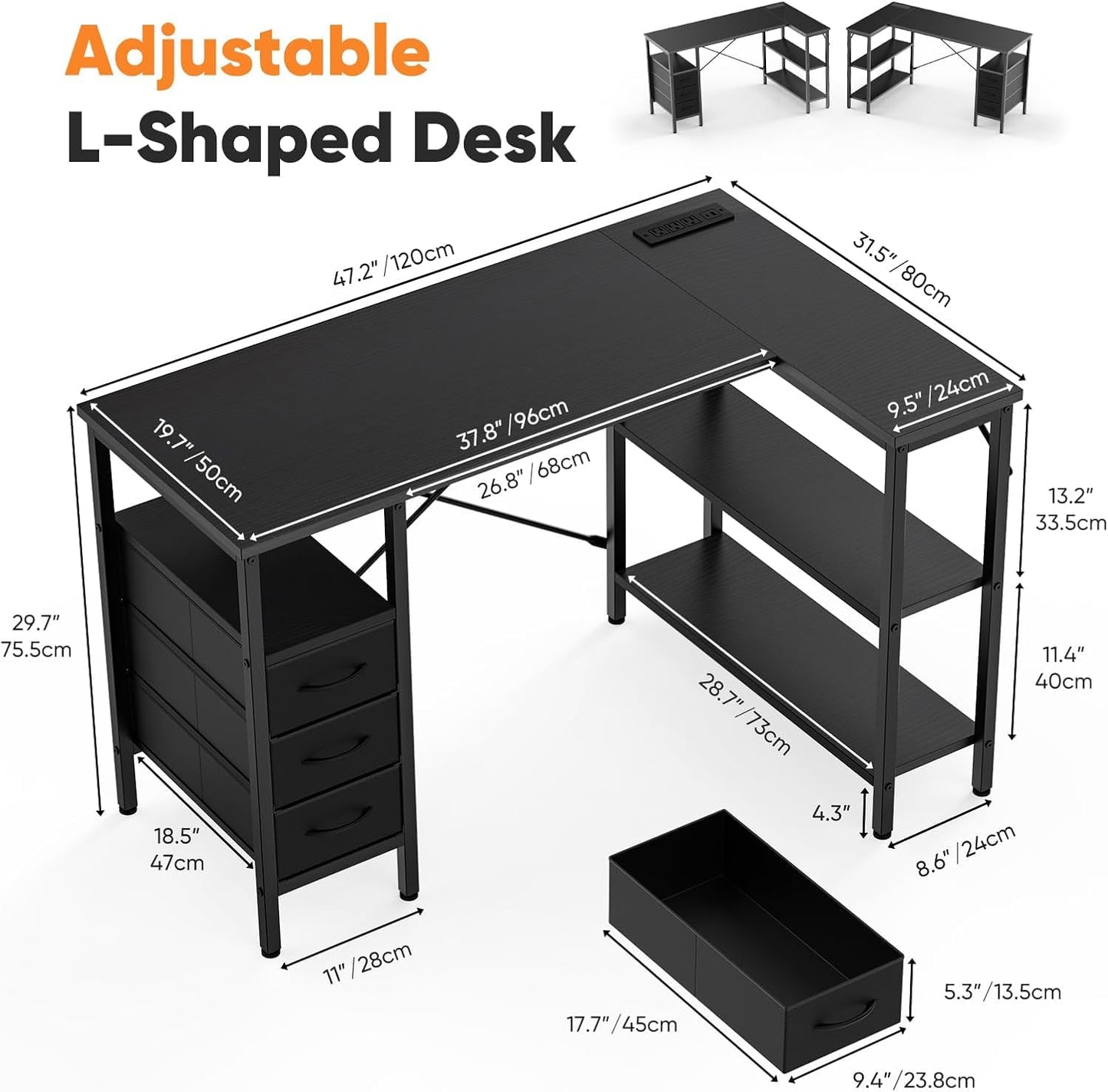 Alpen Computer Desk with Drawers, L Shaped Desk for Bedroom with Power Outlets, Gaming Table with 3 Drawers and Shelves, Corner Desk for Gaming, Study Writing PC Table, 47 Inch, Black