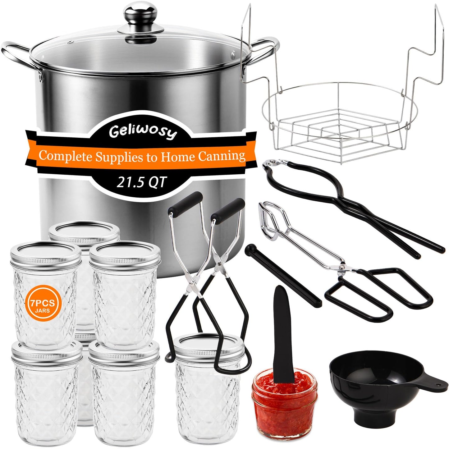 Canning Supplies Kits with 21.5 Qt Canning Pot, 7pcs Mason Jars, Tongs, Stainless Steel Jar Rack, Funnel, Lid Lifter Water Bath Canner Tool Set