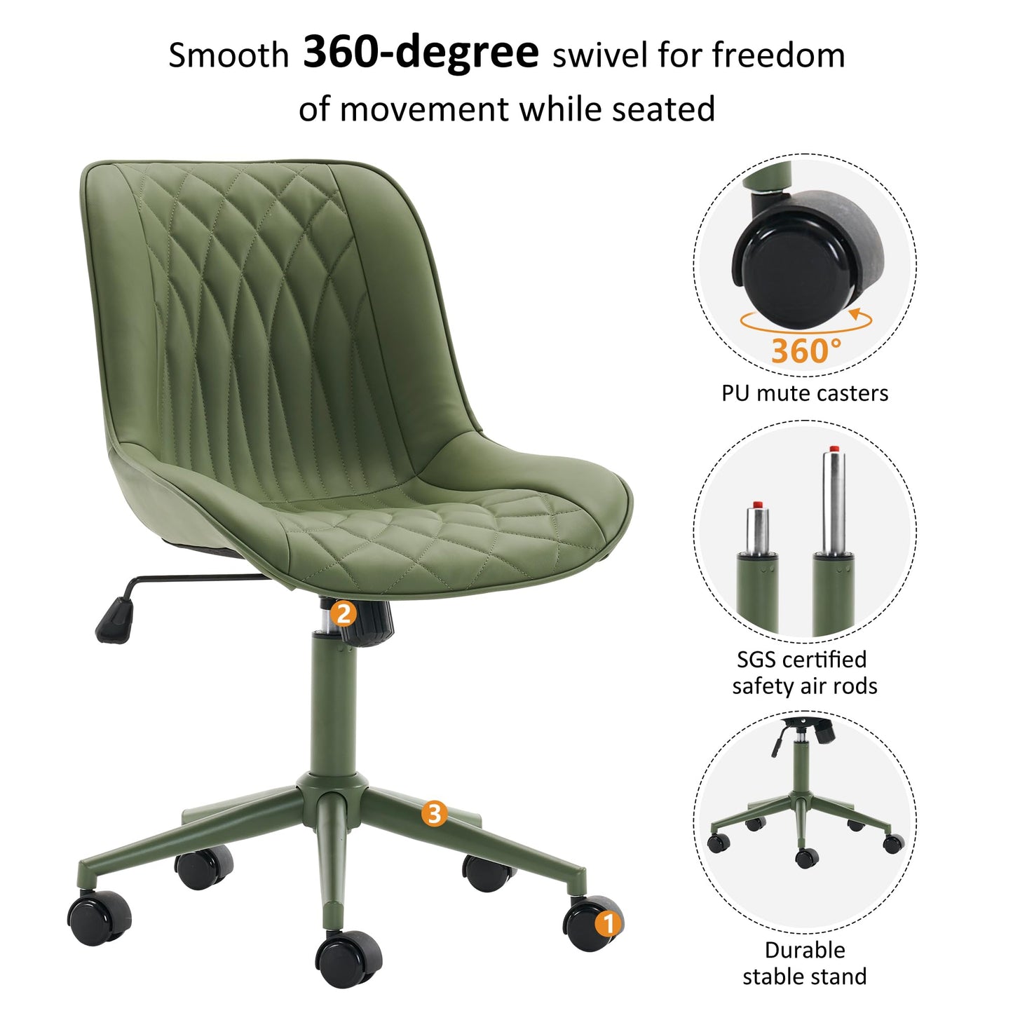 YOUNIKE Home Office Desk Chair with Wheels Armless Vanity Chair with Back Comfy Modern Leather Upholstered Rolling Task Chair Swivel Small Cute No Arms Wide Adjustable Ergonomic All Green