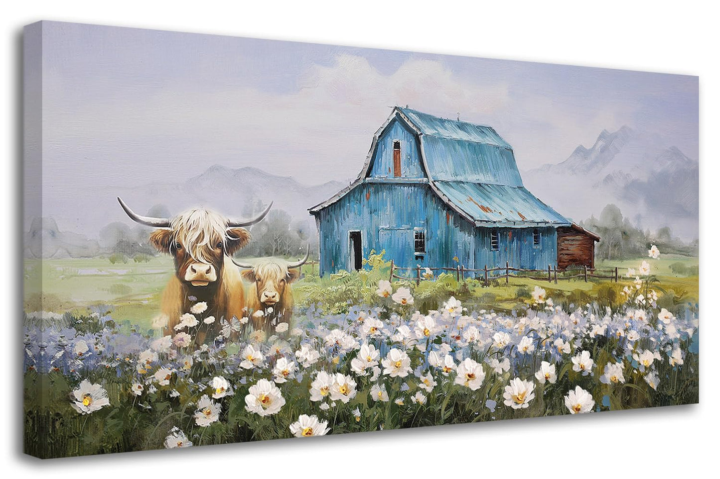 Anolyfi Highland Cow Farmhouse Wall Art for Living Room, Blue Barn Paintings Warm and Cozy Decor for Bedroom Dining Room Home Hallway, Framed 58"x29"