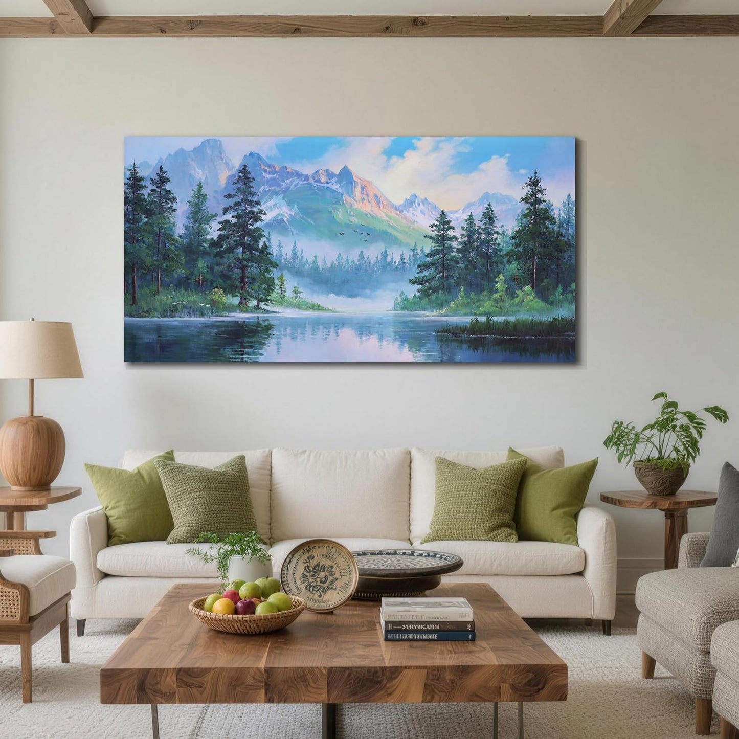 Acocifi Landscape Mountain Wall Art for Living Room Canvas Art Wall Decor Lake Forest Painting, Tree Nature Picture Bedroom Scenery Textured Artwork Framed Office Home Dining Room, Large 48"x24"
