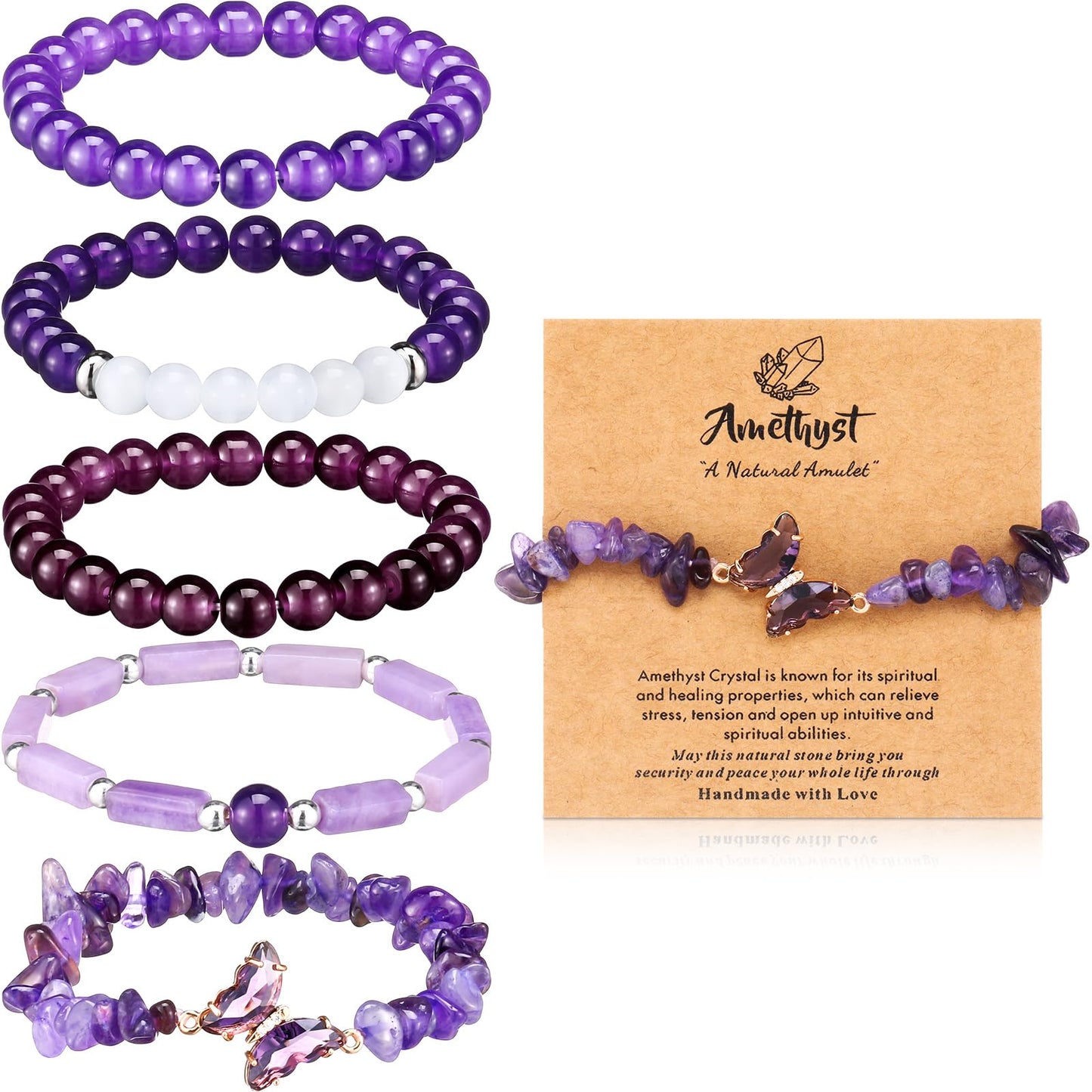 Huquary 5 Pcs Amethyst Bracelets Jewelry for Women Purple Butterfly Bracelet Healing Crystal Gemstones Beaded Charms Anxiety Stress Gifts for Women Men Mom Birthday