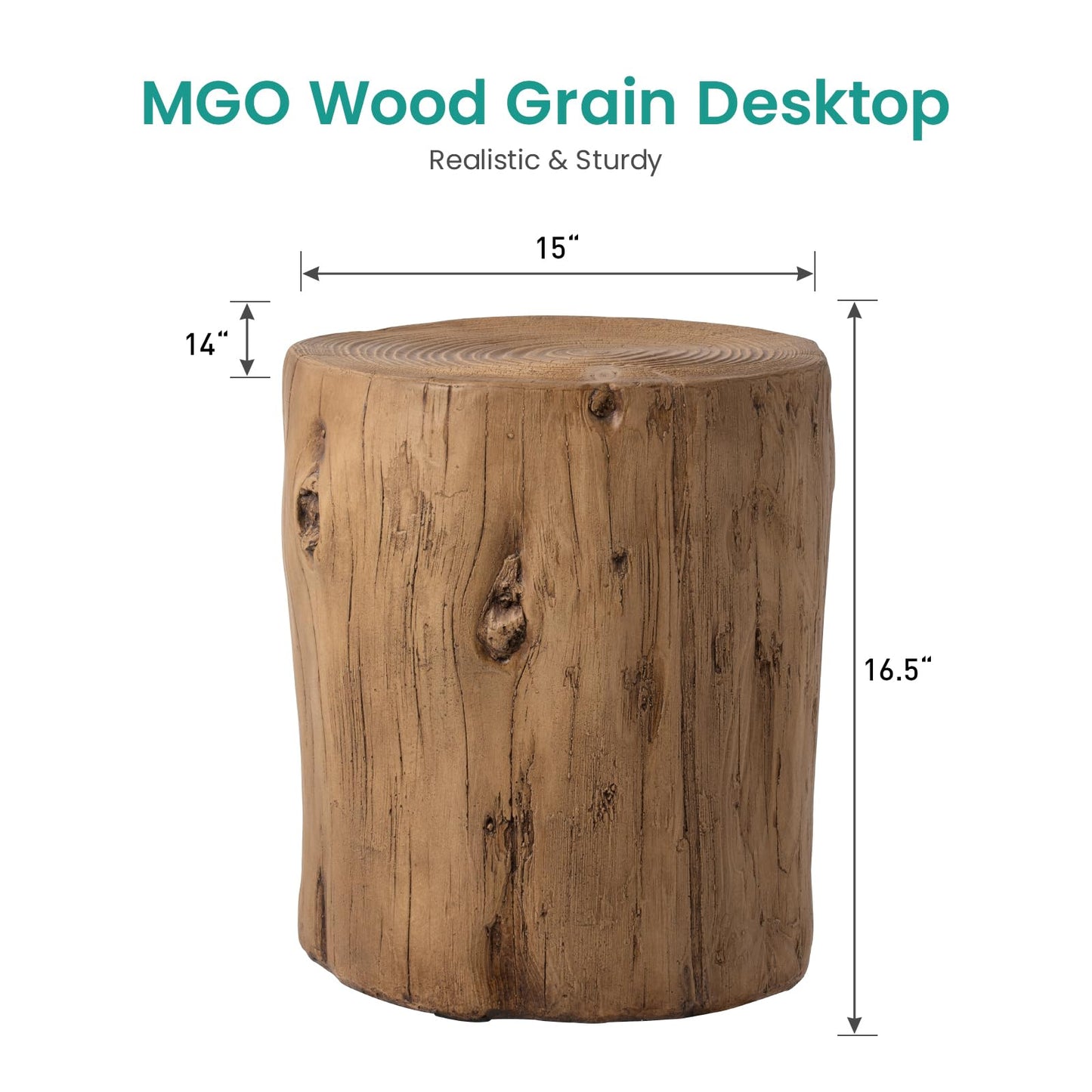 SUNBURY Outdoor Stump Side Table, Faux Wooden Concrete Side Table, Tree Stump Wooden Stool, Patio End Table, Round Outdoor Accent Drum Table, Light Brown Ottoman or Plant Stand