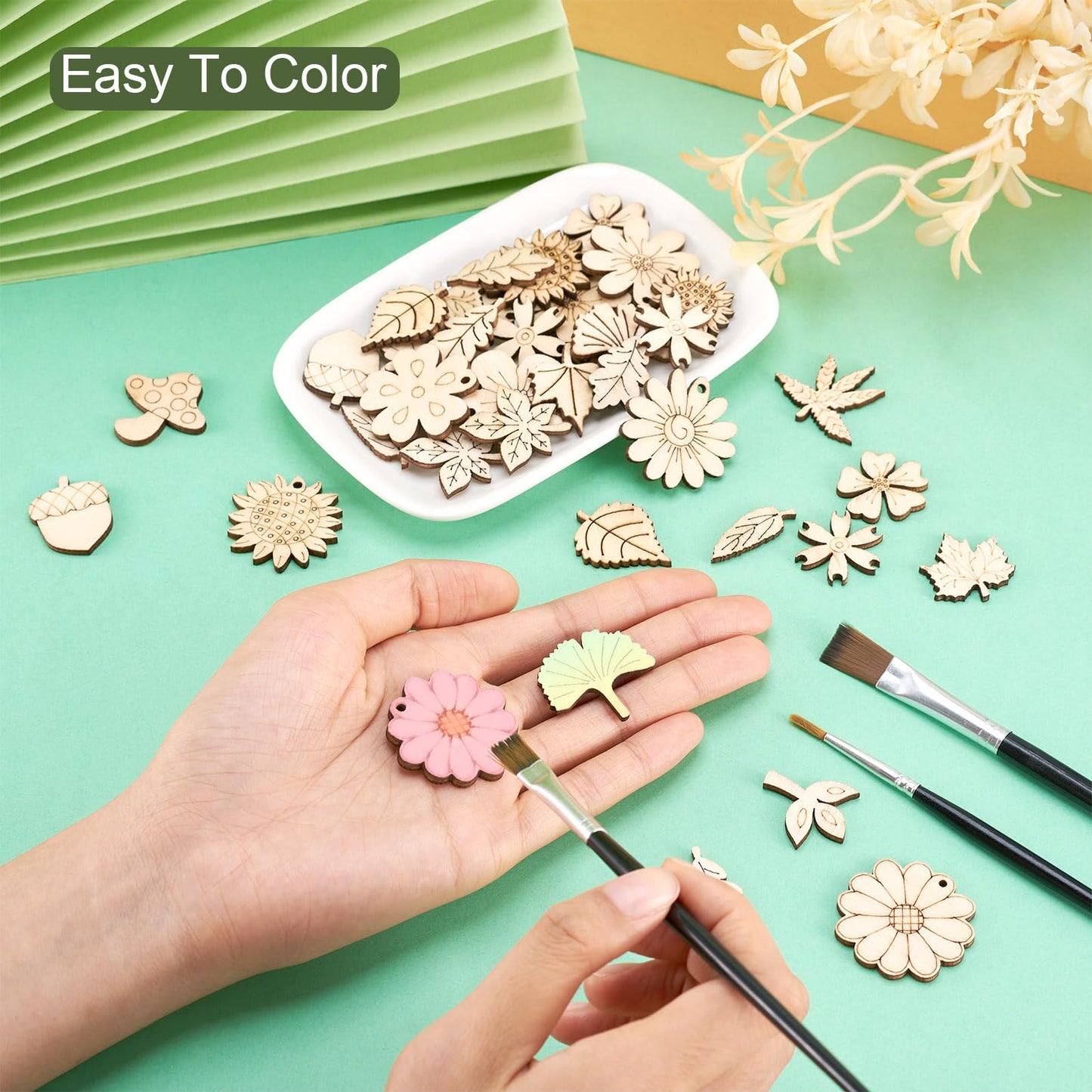 Sparkeads 90 pcs Natural Wood Charms Flower Leaf Mushroom Pendants Unfinished Plant Shape Wooden Dangle Charms for Craft Necklace Jewelry Making Bracelet DIY Women Earring Accessory