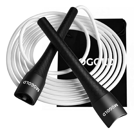MOGOLD Unbreakable Jump Rope – Pro-Grade PP Handles with Diamond Texture, 40X Strength PVC Cord, Adjustable 3m Length for HIIT, Home Gym, or Boxing Training (Portable & Tangle-Free) (Black handle with white cord)
