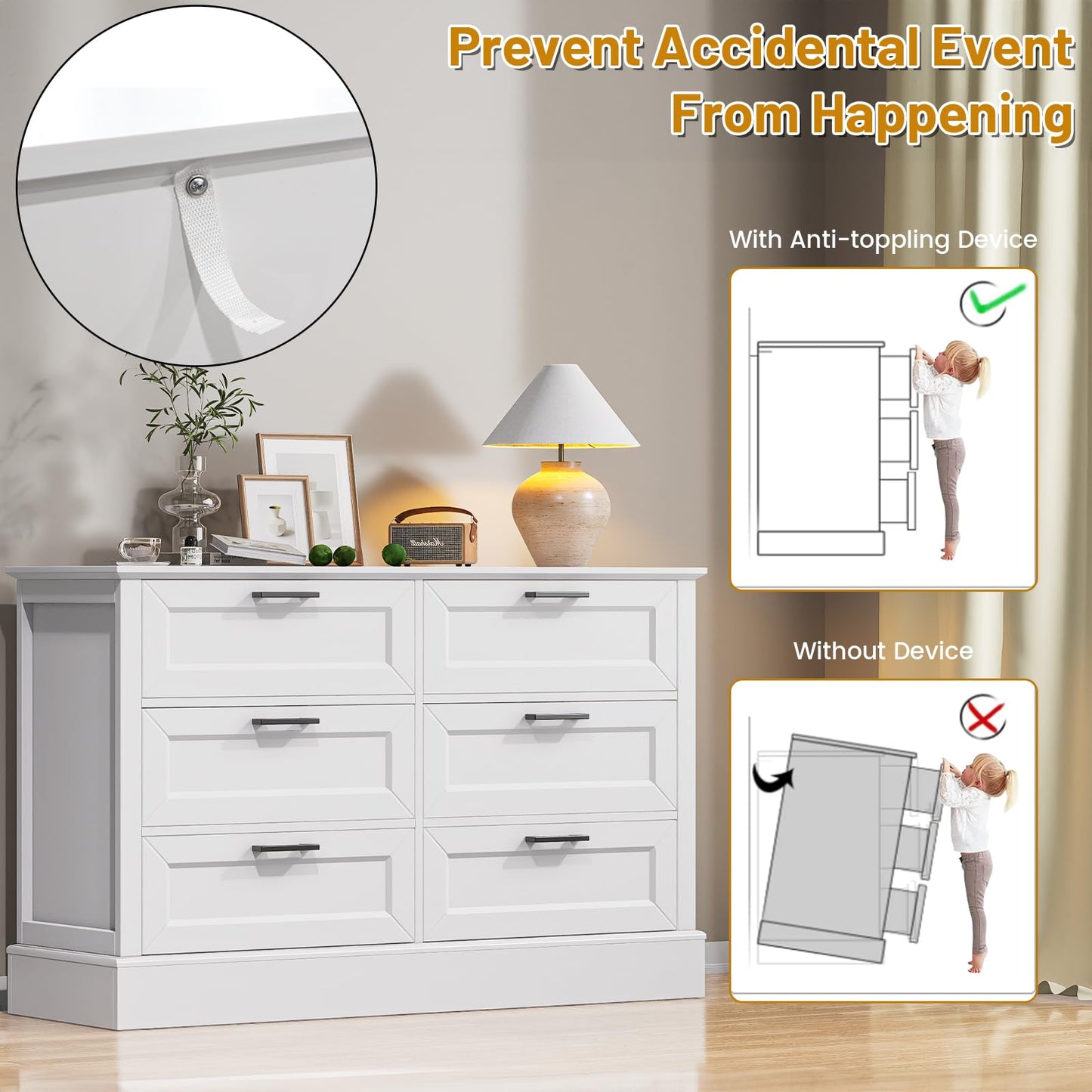 ZLWJGY White Dresser for Bedroom with 6 Drawer, Bedroom Furniture Organizer Storage, Wood Double Dresser & Chest of Drawers, Modern Farmhouse Style, Dressers for Closet, Living Room 30” Tall