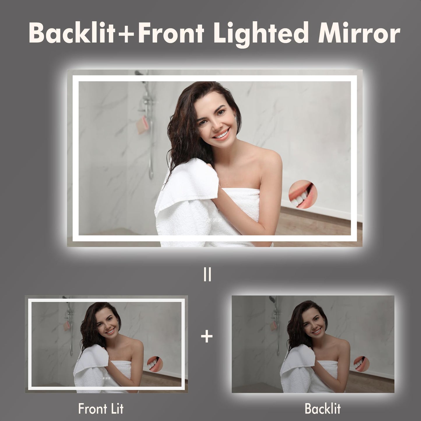 PeakPursuit 60x36 LED Bathroom Vanity Mirror with 3X Mirror, Anti-Fog, 3X Mirror, Backlit + Front Lit, Memory Function, Shatterproof Tempered Glass, Smart Wall-Mount Makeup Mirror