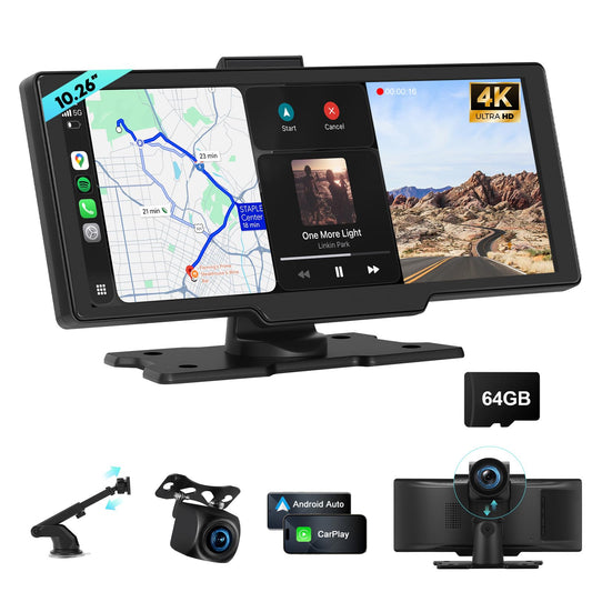Portable Apple CarPlay Screen for Car, 10.26“ Wireless CarPlay & Android Auto Touch Screen Voice Control Navigation, 4K Dash Cam & 1080P Backup Camera DVR Recording Plug & Play for Car Truck