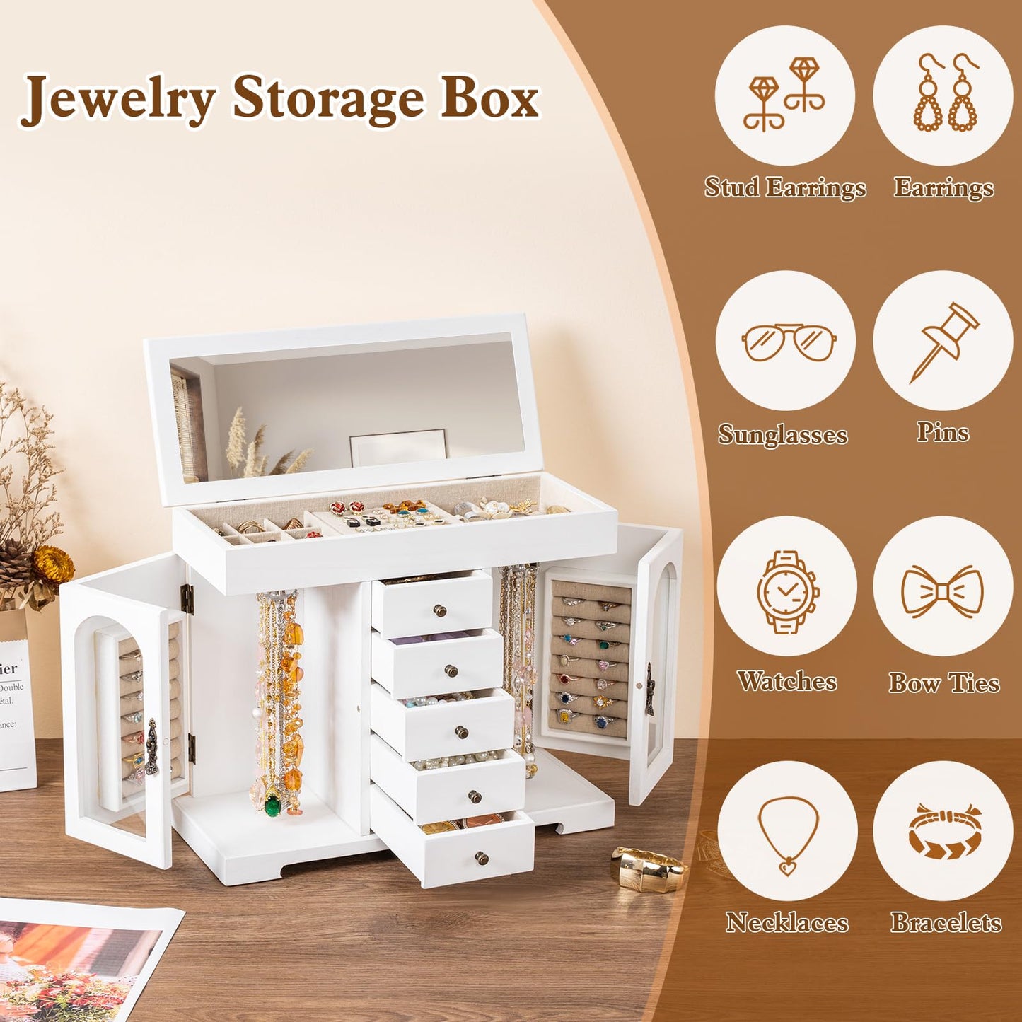 Miratino Jewelry Box for Women Girls, Wooden Jewelry Organizer Box with Mirror, 5 Layer Jewelry Storage Case Display for Necklaces Earrings Rings Bracelets Valentine's Day Gifts