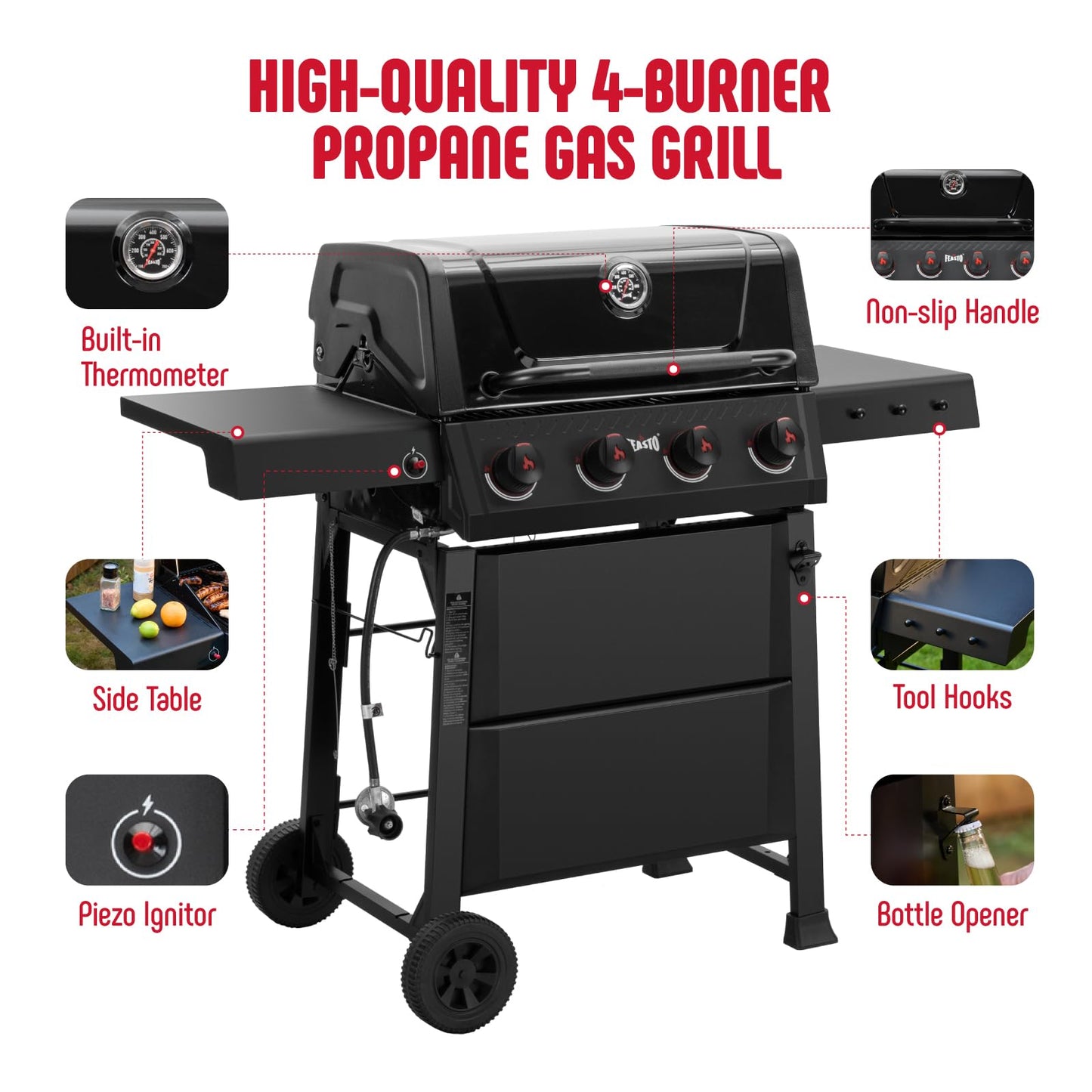 Feasto 4 Burner Gas Grill, 36,000 BTU Outdoor BBQ Grill with Side Table for Outdoor Cooking & Backyard Barbecue, Premium Enameled Coated Chamber Body with Porcelain-Enameled Grates, Black