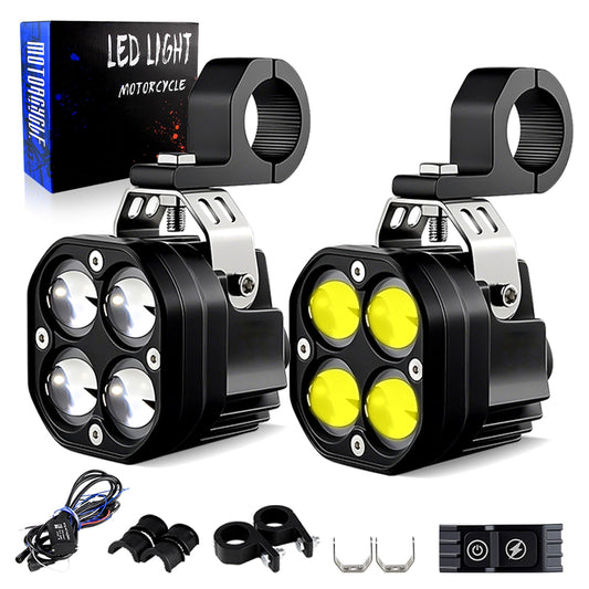 APMAT Universal Motorcycle LED Lights Auxiliary Spotlights White/Amber Driving Fog Light, High/Low Beam Switchback with 7 Modes Dual-Color Strobe for Night Riding, 2PCS