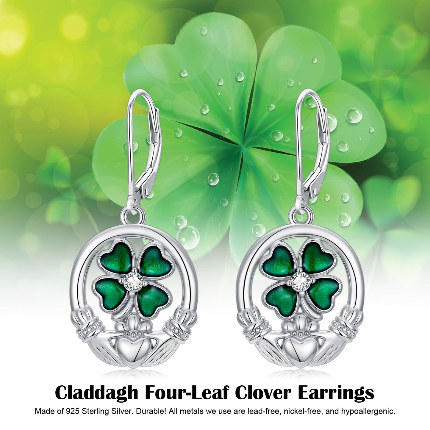 YYmqmq Four Leaf Clover Earrings for Women 925 Sterling Sliver Shamrock and Claddagh Dangle Earrings Leverback Irish Jewelry St Patricks Day Gifts for Women Girlfriend
