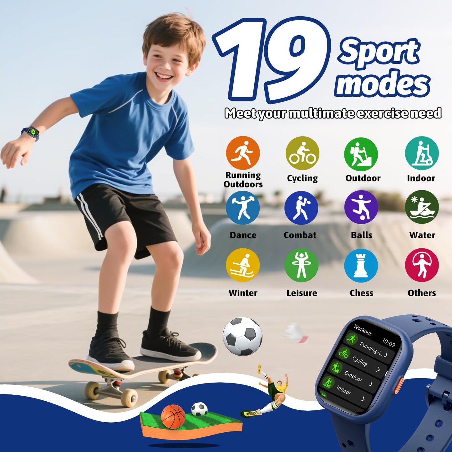 Heroange Kids Smart Watch for Girls Boys,IP68 Waterproof Kids Fitness Tracker Watch with 1.83" Face,Heart Rate Sleep Monitor,19 Sport Modes,Puzzle Games with APP,Great Gifts for Teens 6+ (Blue)