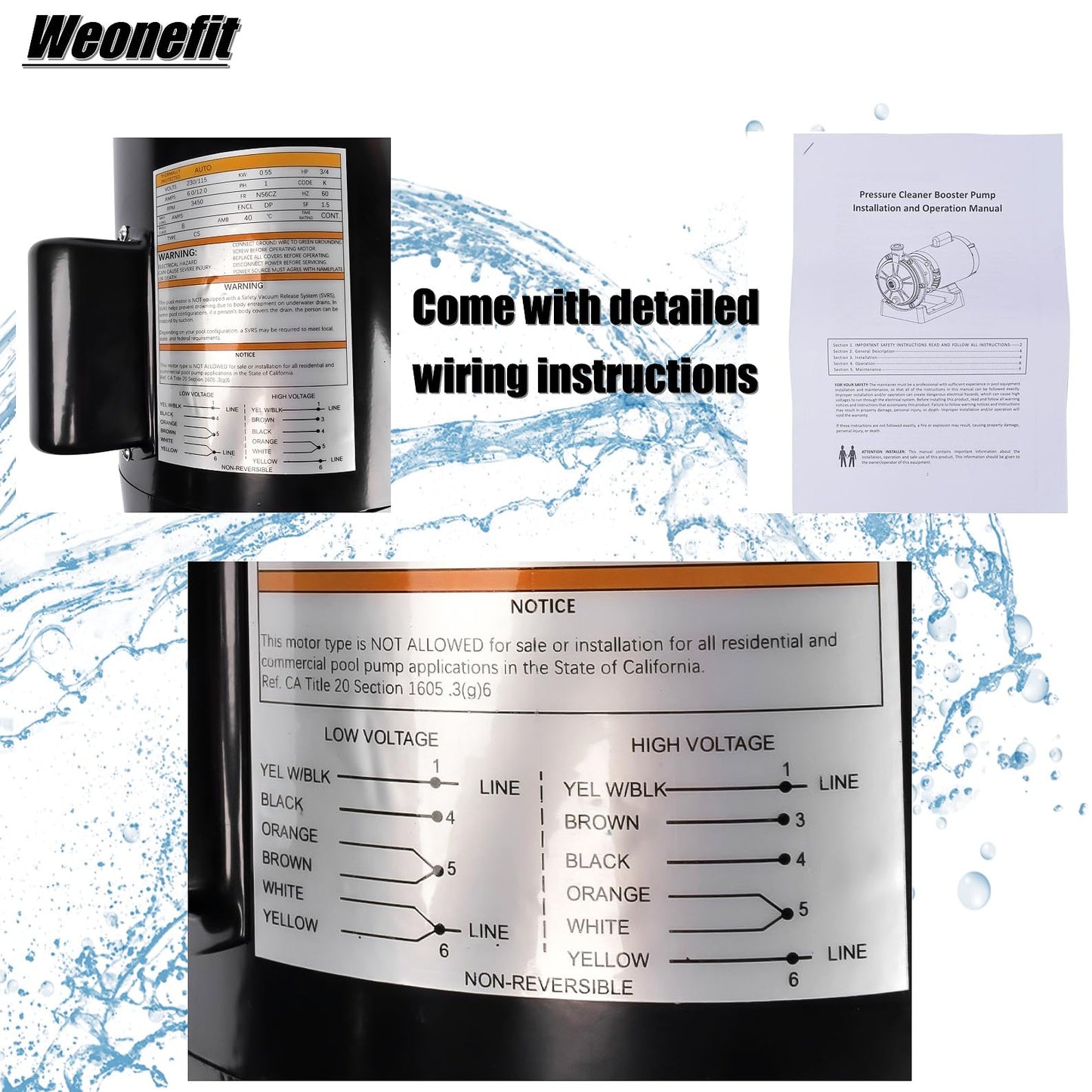 Weonefit PB4-60 Pool Booster Pump 3/4 HP Replacement for Polaris 180 280 380 480 3900 Pressure Side Pool Cleaners, 115V/230V, 60Hz, 60 PSI, 0.55KW | 180-480, PB460