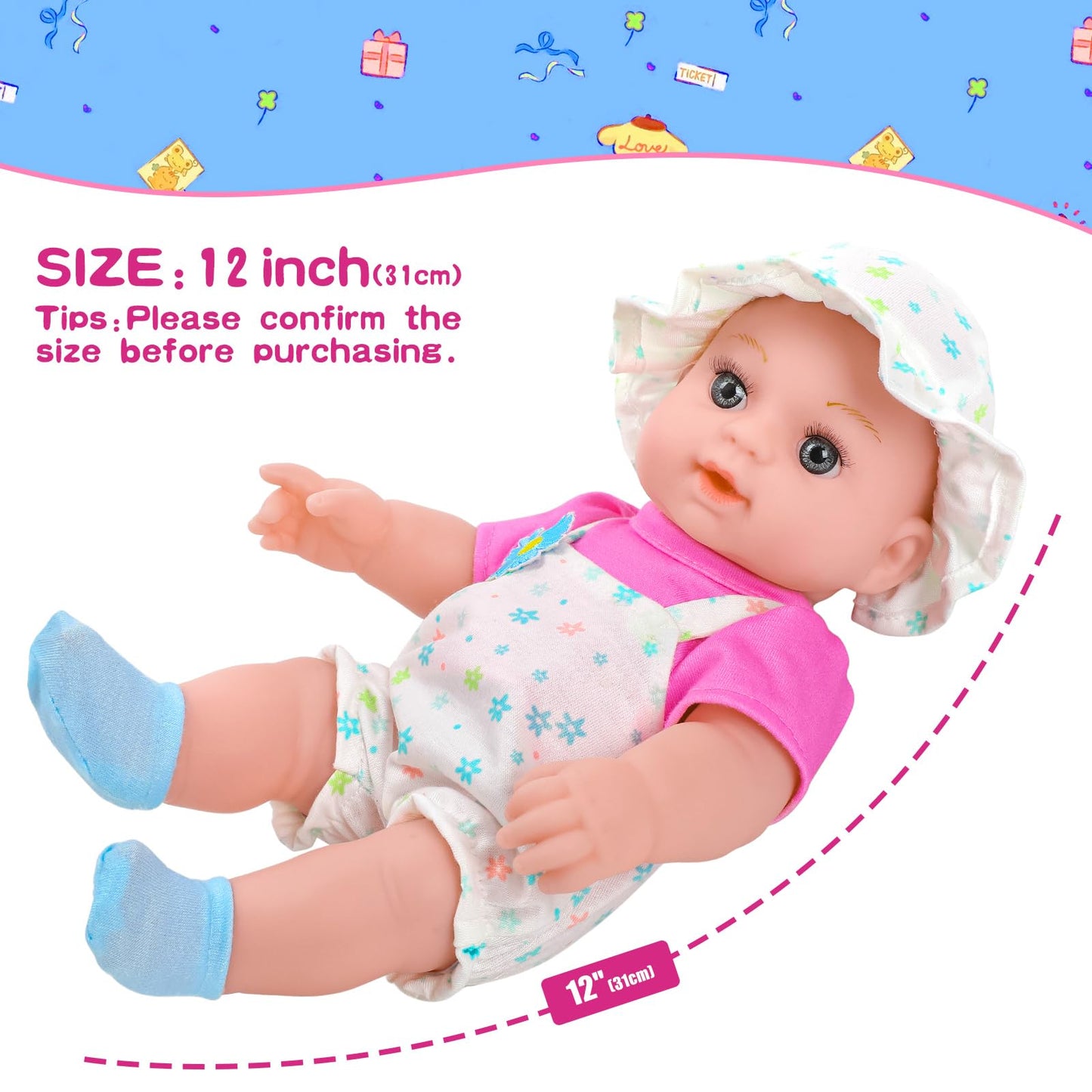 12" Girls Baby Doll Daisy Theme Backpack Carrier Playset,12 Inch Reborn Baby Dolls With Accessories And Clothes Set Toy Stuffs Pink Hanky Diaper Bottle Nipple And Gifts For Baby Toddler Age 3+