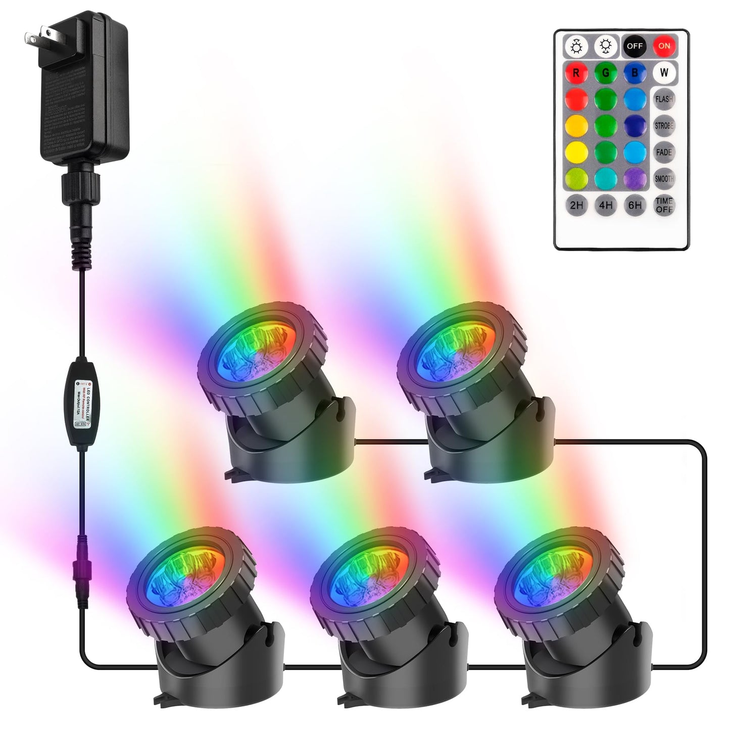 CREPOW RGB Pond Lights with Timer, Super Bright LED Underwater Submersible Colorful Landscape Spotlights, Remote Control IP68 Waterproof Fountain Light for Fish Aquarium Tank Garden Yard (Set of 5)