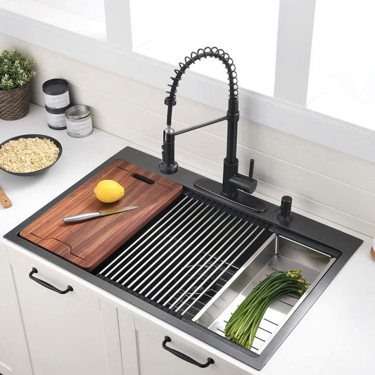 30 Inch Stainless Steel Kitchen Sink Workstation, Single Bowl Drop-in with Cutting Board, Drain Basket and Roller Shutter, 16 Gauge Stainless Steel T304 Construction