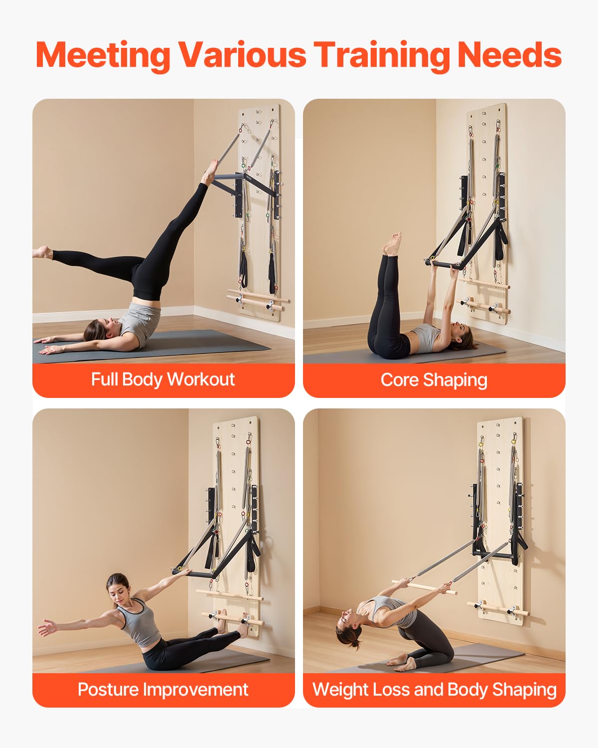 VEVOR Wall Mounted Pilates Reformer Machine, Maple Wood Pilates Springboard, Exercise Equipment with Resistance Springs, Yoga Fitness Trainer, Suitable for Flexibility Balance, Home Gym Studio Workout