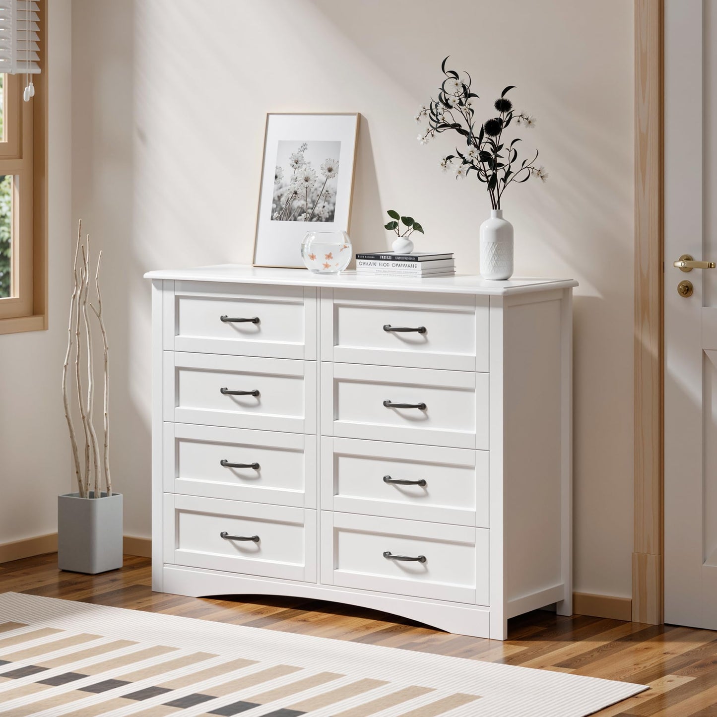 Gizoon 8 Drawer Dresser for Bedroom，Larger Chest of Drawers with Mental Handle for Kids Room, White Dresser with 8 Storage Drawers for Living Room, Entryway and Hallway, White