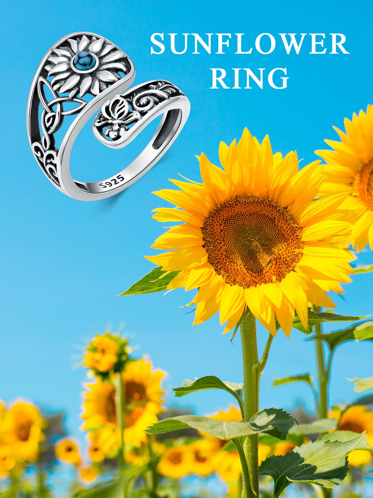 Midari Sterling Silver Sunflower Turquoise Adjustable Ring - You Are My Sunshine - Women's Sunflower Jewelry - Perfect for Christmas or Birthday Gifts