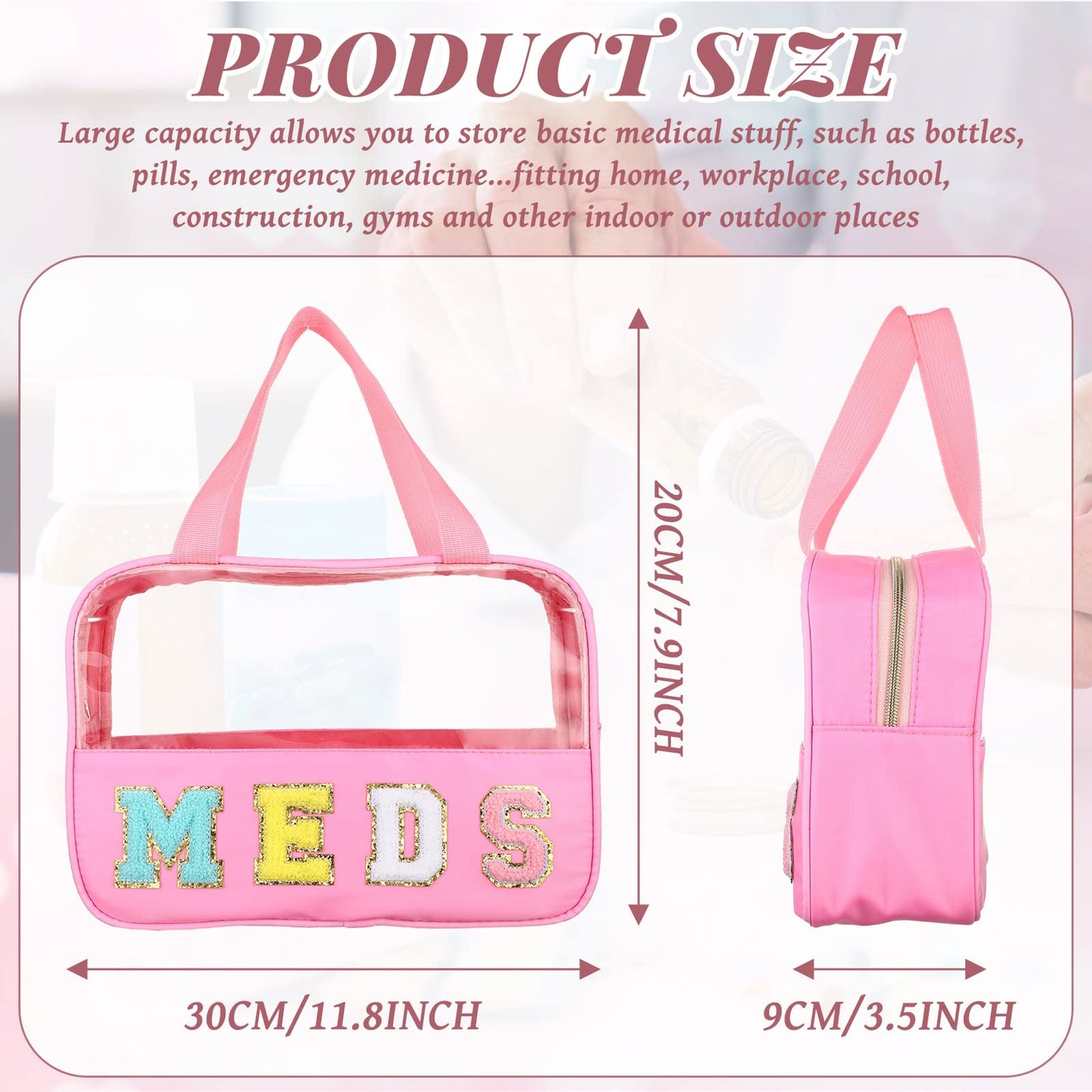 Silkfly Chenille Letter Medicine Meds Medical Bag Makeup First Aid Bag for Travel Preppy PVC Nylon Emergency Patch Cosmetic Toiletry Storage Pouch Waterproof with Handle Zipper for Women(Classic)