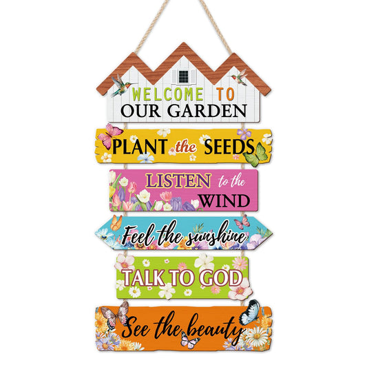 HOURIA Welcome to Our Garden Wooden Sign(11.4”x17.6”),Inspirational Gardening Signs for Outside,Colorful Garden Yard Greenhouse Decor,Gardening Gifts for Women, Men, Gardeners,Plant Lovers