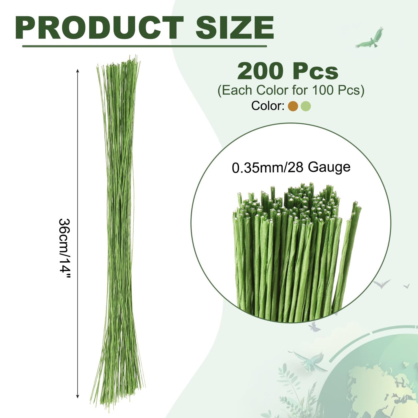 PATIKIL 200 Pcs 28 Gauge Floral Wire, 14 Inch Floral Stem Wire Flower Paper Wrapped Wires for Flower Crafts Bouquet Arrangement Supplies Wreath DIY Projects, Brown/Light Green