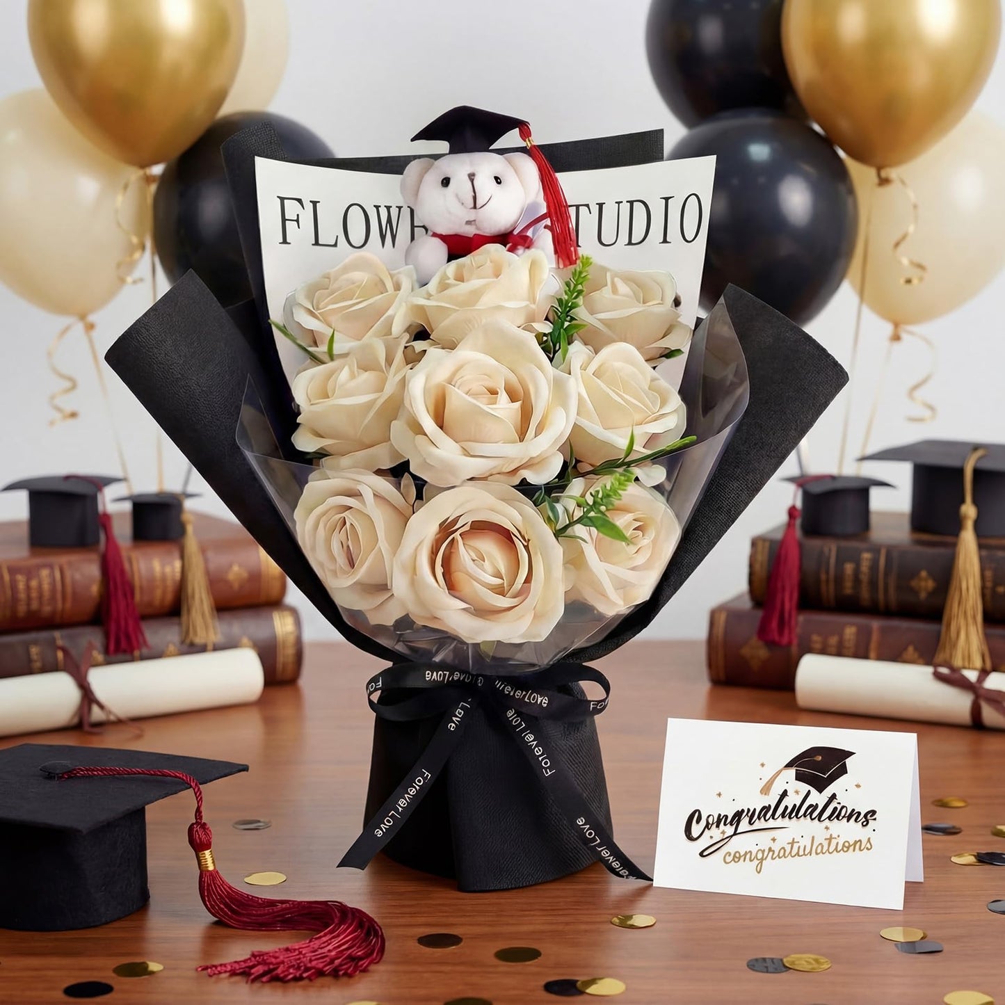 Giegxin 3 Pcs Graduation Bear Flower Bouquet Set Includes Artificial Roses Flower Bouquet Mini Plush Bear with Grad Cap Greeting Card Gift Bag for 2026 Graduation Party Favors Supplies (Yellow)