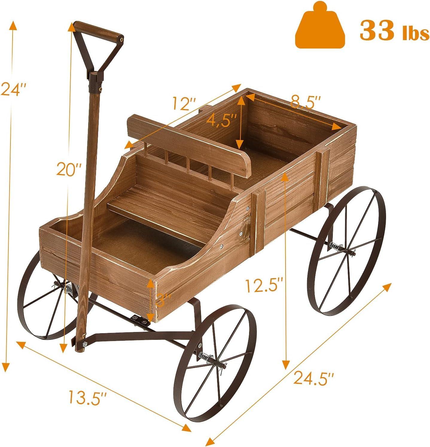 HAPPYGRILL Wooden Wagon Planter, 24.5” x 13.5” x 24” Decorative Garden Planter w/ 2 Planting Sections, Wheels, Handle, Small Decorated Cart, Flower Planter Box for Indoor Outdoor Patio (Brown)