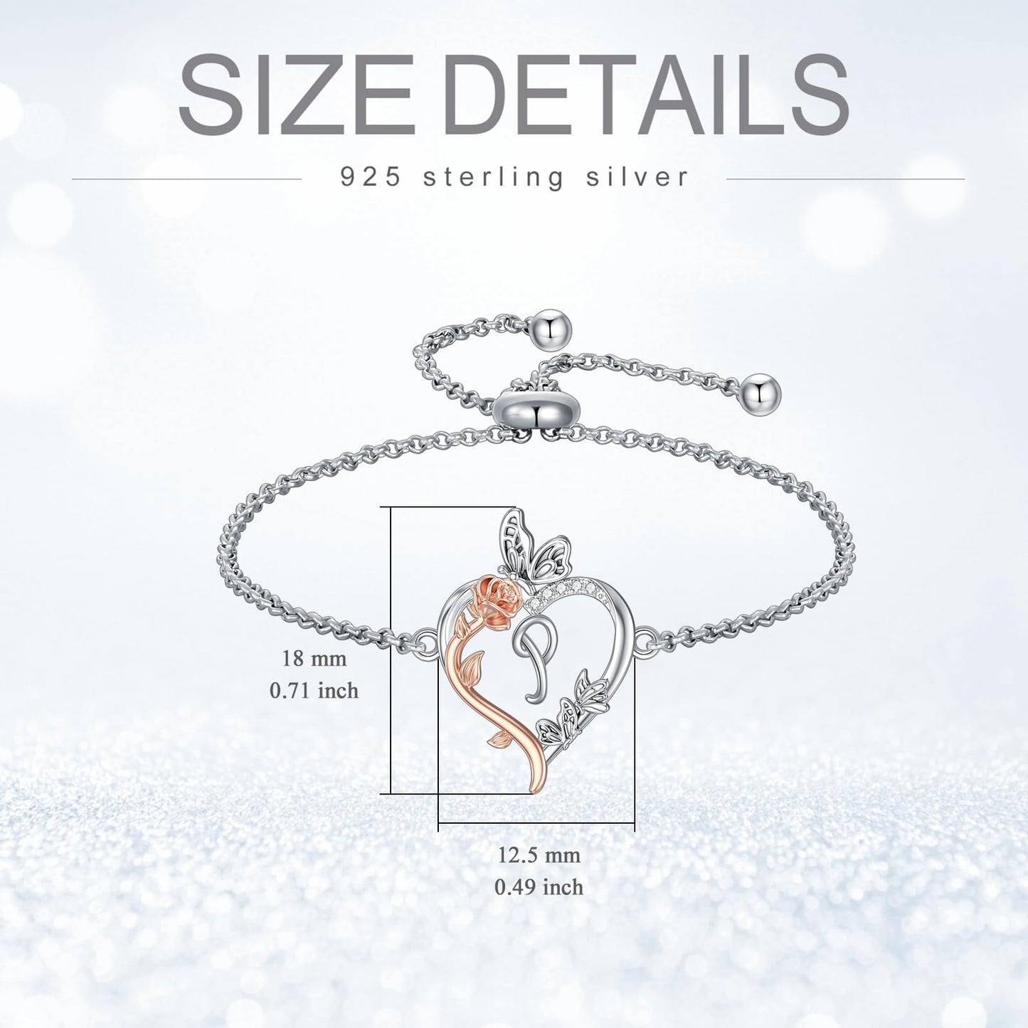 TOUPOP Rose Heart Bracelet for Women Sterling Silver Heart Initial P Letter Bracelet Butterfly Love Jewelry Anniversary Birthday Mothers Day Gifts for Mom Wife Her Girlfriend
