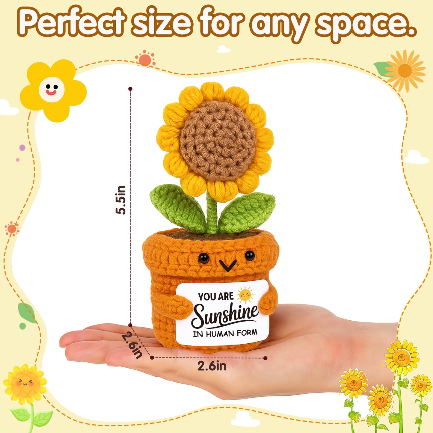 Frabaca Positive Mini Crochet Sunflower Christmas Desk Decor – You are Sunshine – Appreciation Gift for Coworker, Teacher, Friend, Employee – Encouragement Plush for Office, Birthday, Thanksgiving