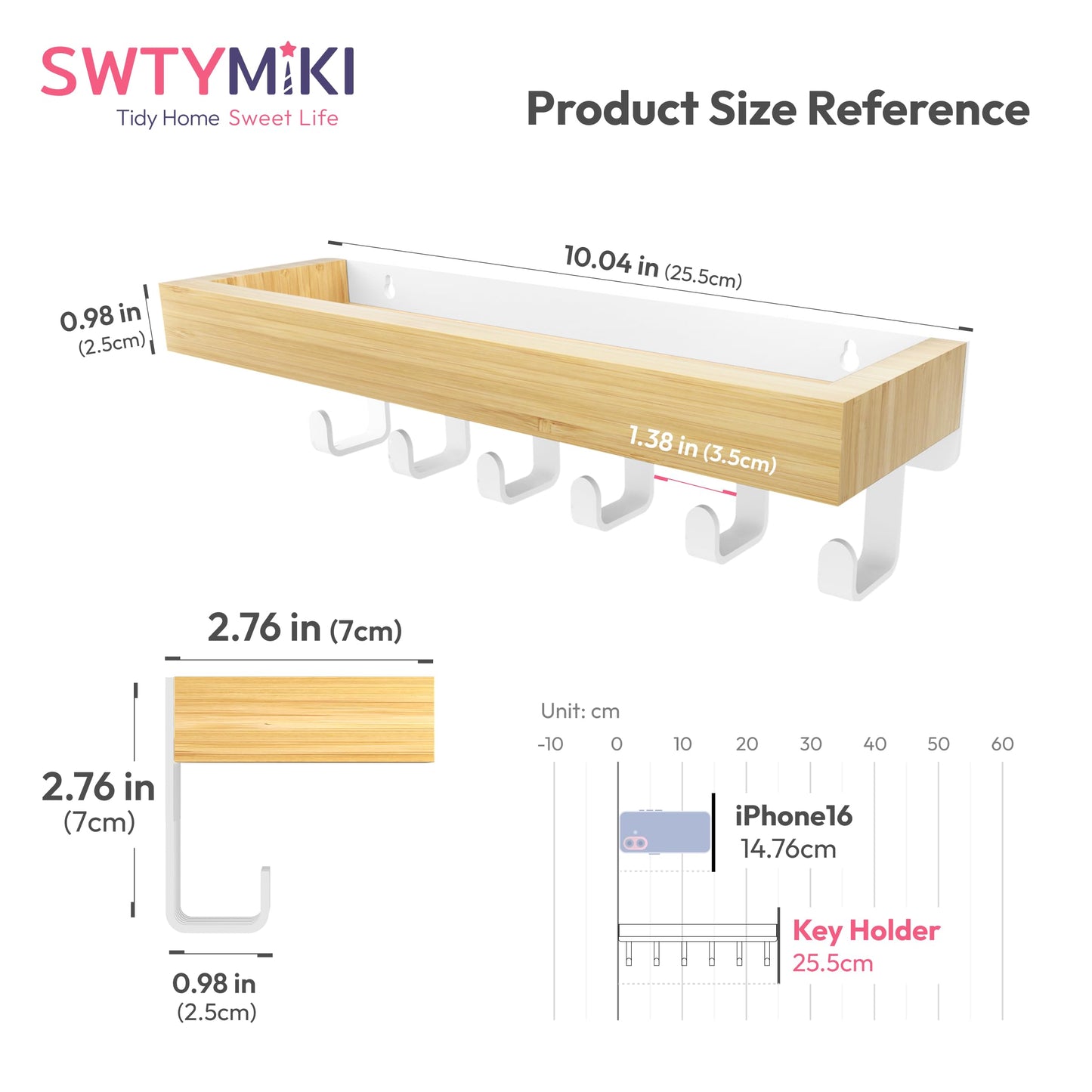 SWTYMIKI Key Holder Wall Mount-Wooden Key Hooks for Wall with Mail Organizer & 6Hooks, 2Installation Ways Key Hanger, Key Rack with Shelf for Entryway Living Room Bedroom Home Decor Wood White Hook