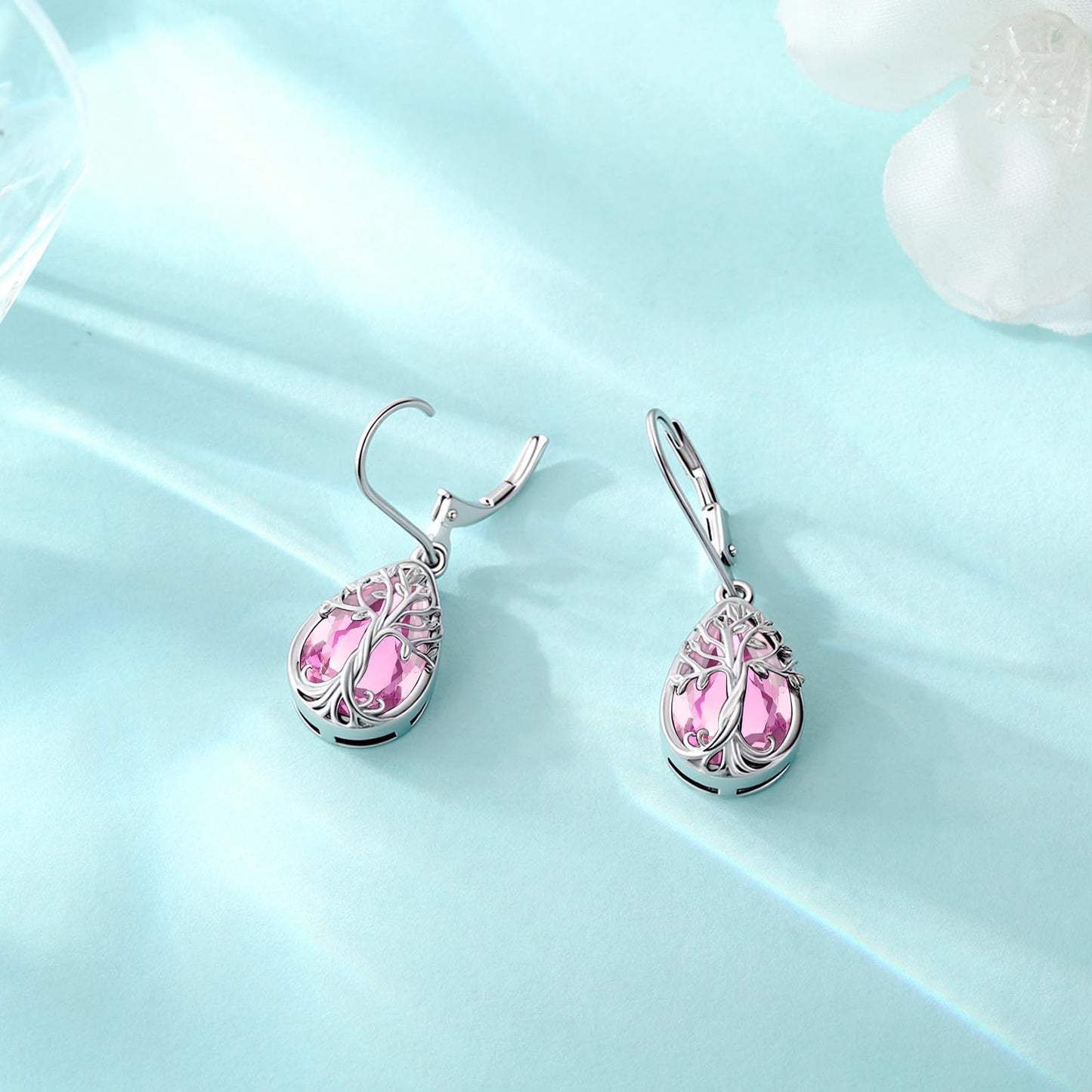 Eusense Teardrop Dangle Earrings Sterling Silver Tree of Life Birthstone Jewelry Tourmaline Pink Leverback Tree of Life Earrings Gift for Women