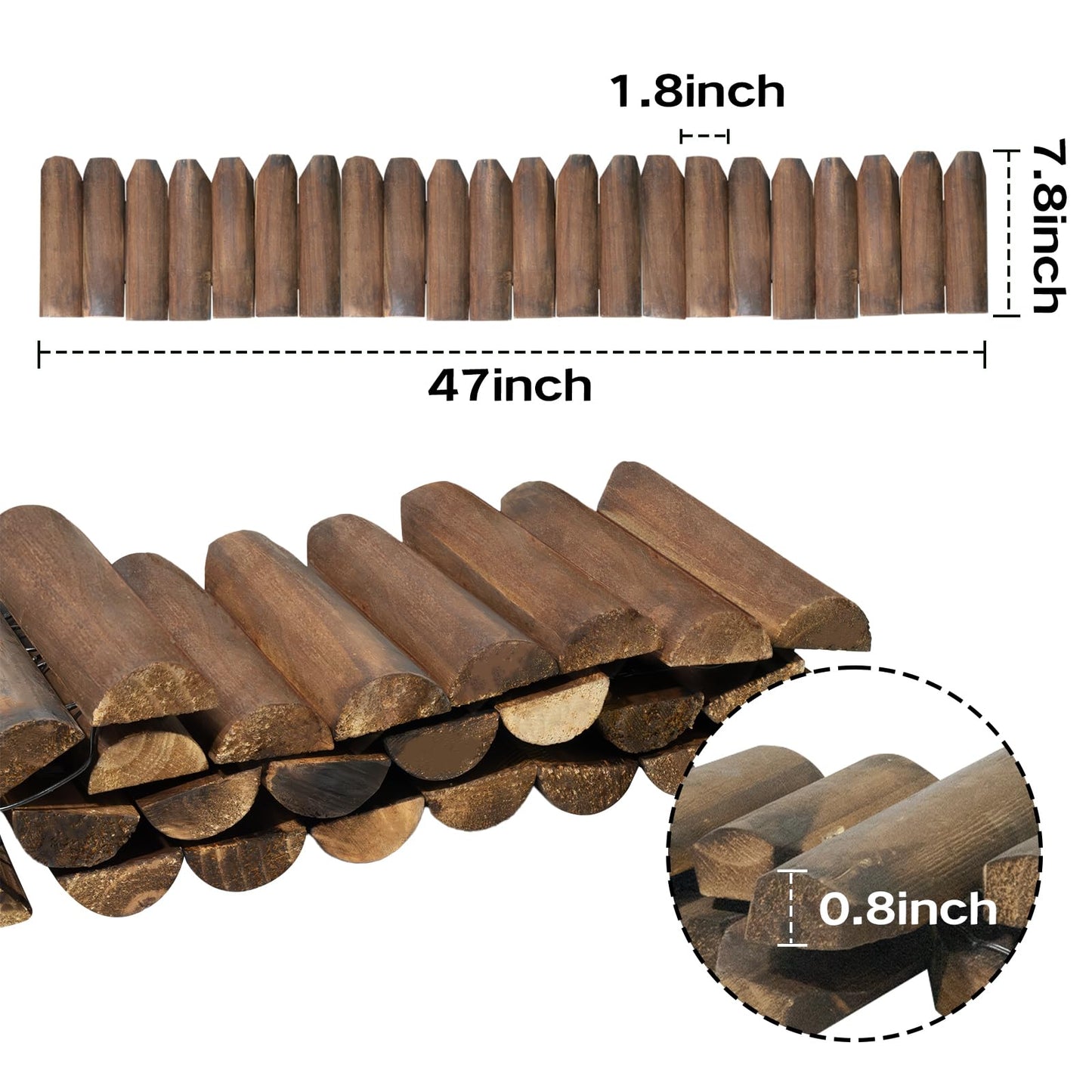 Wood Garden Edging, Half Round Natural Wooden Solid Log Fence Border Decorative for Flower Bed Barriers and Landscape Fencing (7.8" H x 47" L, 1 Pack)