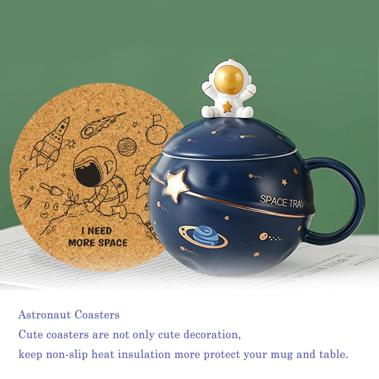 Yalucky Kawaii Astronaut Cup Space Embossed Planet Mug, Cute Ceramic Coffee Mug, Novelty Mug with Lid and Spoon for Coffee, Tea, Milk, Aesthetic Room Decor Funny Gift for Girl Boy Women (Dark blue)