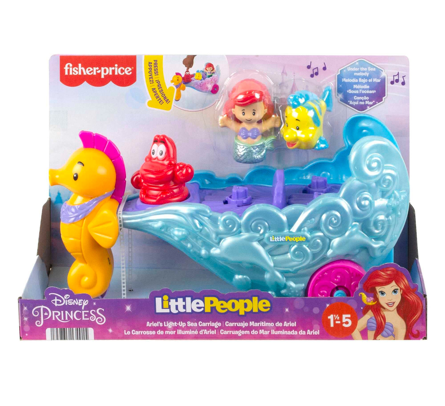 Fisher-Price Little People Toddler Toy Disney Princess Ariel's Light-Up Sea Carriage Musical Vehicle for Pretend Play Ages 18+ Months