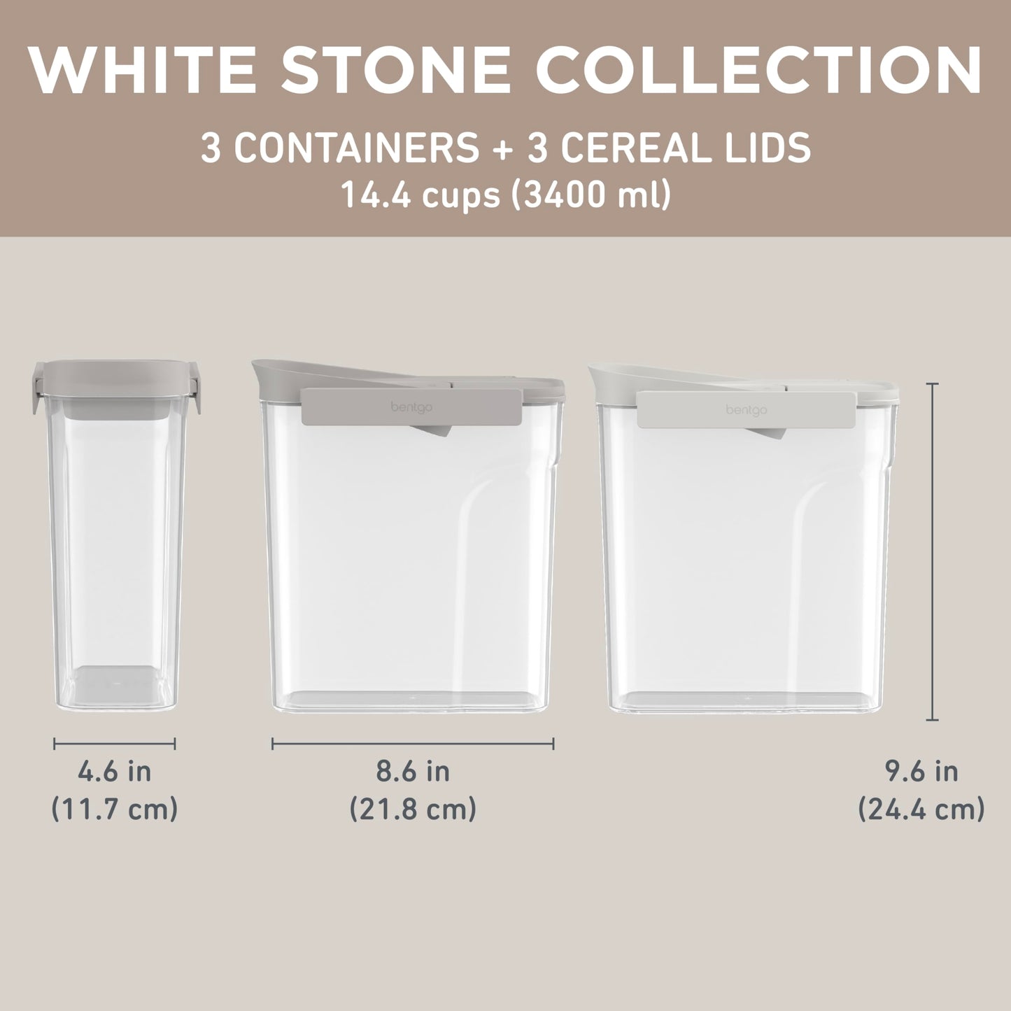 Bentgo Pantry - 6-Piece Airtight Cereal Containers, Easy Push & Pour Lid, Stackable & Clear BPA-Free Storage, Locking Lids for Freshness – Ideal for Kitchen & Pantry Organization (White Stone)