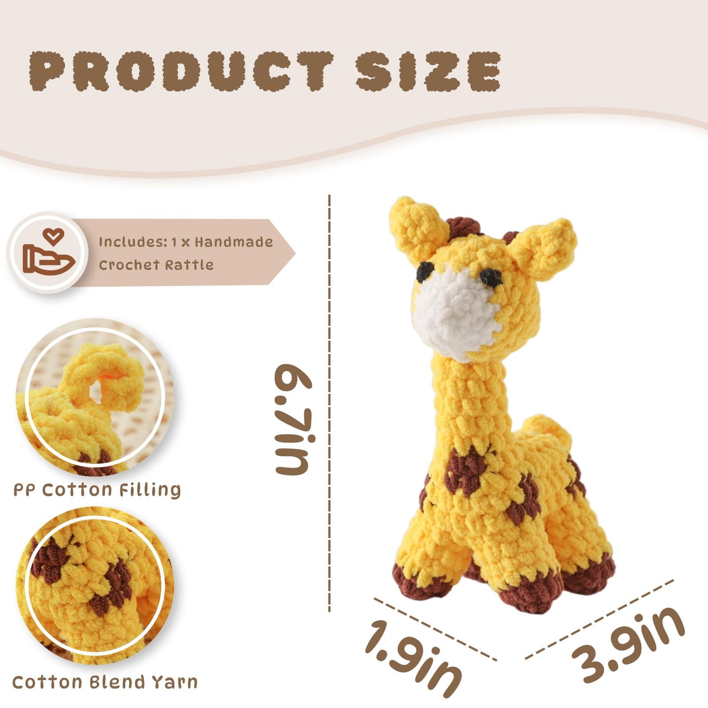 Moyii Handmade Crochet Giraffe Baby Rattle - Soft Cotton Amigurumi Sensory Shaker Toy for Newborns & Infants - Easy Grip Lovey Sleep Toy & Neutral Nursery Decor Shower Gift