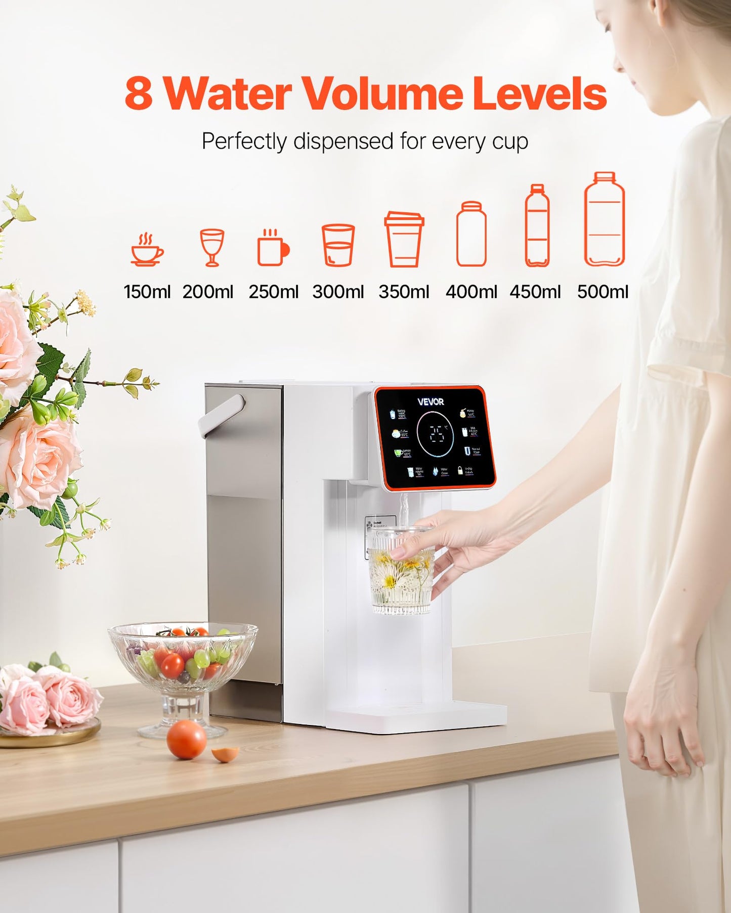 VEVOR Instant Hot Water Dispenser, Countertop Boiling Water Dispenser with Adjustable 6 Temperatures & 7 Water Volumes, 101oz Removable Water Tank, Quick Heating with Touchscreen & Child Lock for Home