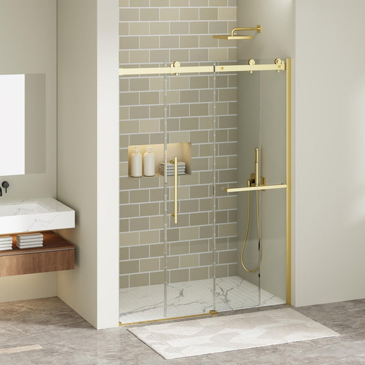 Findepot 56-60" W x 75" H Frameless Sliding Shower Door, Shower Glass Door with 1/4" Thick Tempered Glass, Explosion-Proof Film, Easy to Clean, Brushed Gold