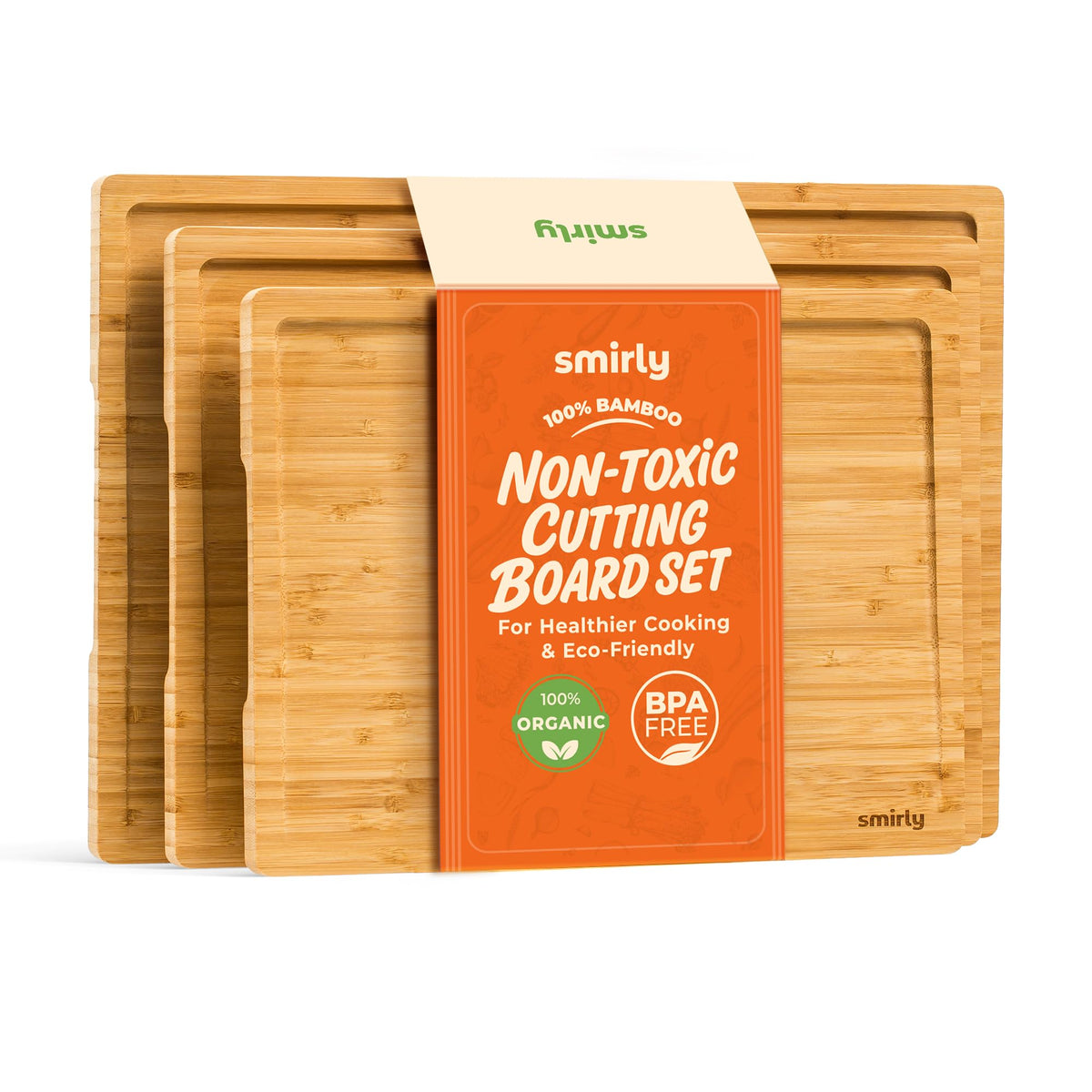 SMIRLY Bamboo Wooden Cutting Boards for Kitchen, Set of 3 Large - Small, Bamboo Wood Cutting Board Set with Deep Juice Grooves, Non Toxic Serving Tray, Perfect Mother's Day Gifts