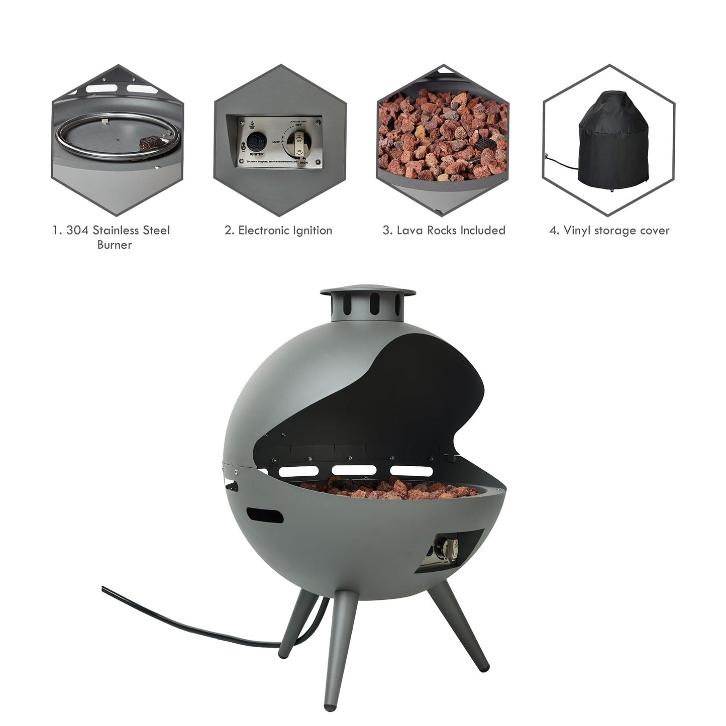 24-Inch Chimenea Outdoor Gas Fireplace, 55,000 BTU Propane Fire Pit with Lava Rocks and Rain Cover, Hemispherical 3-Legged Firepit, Gray