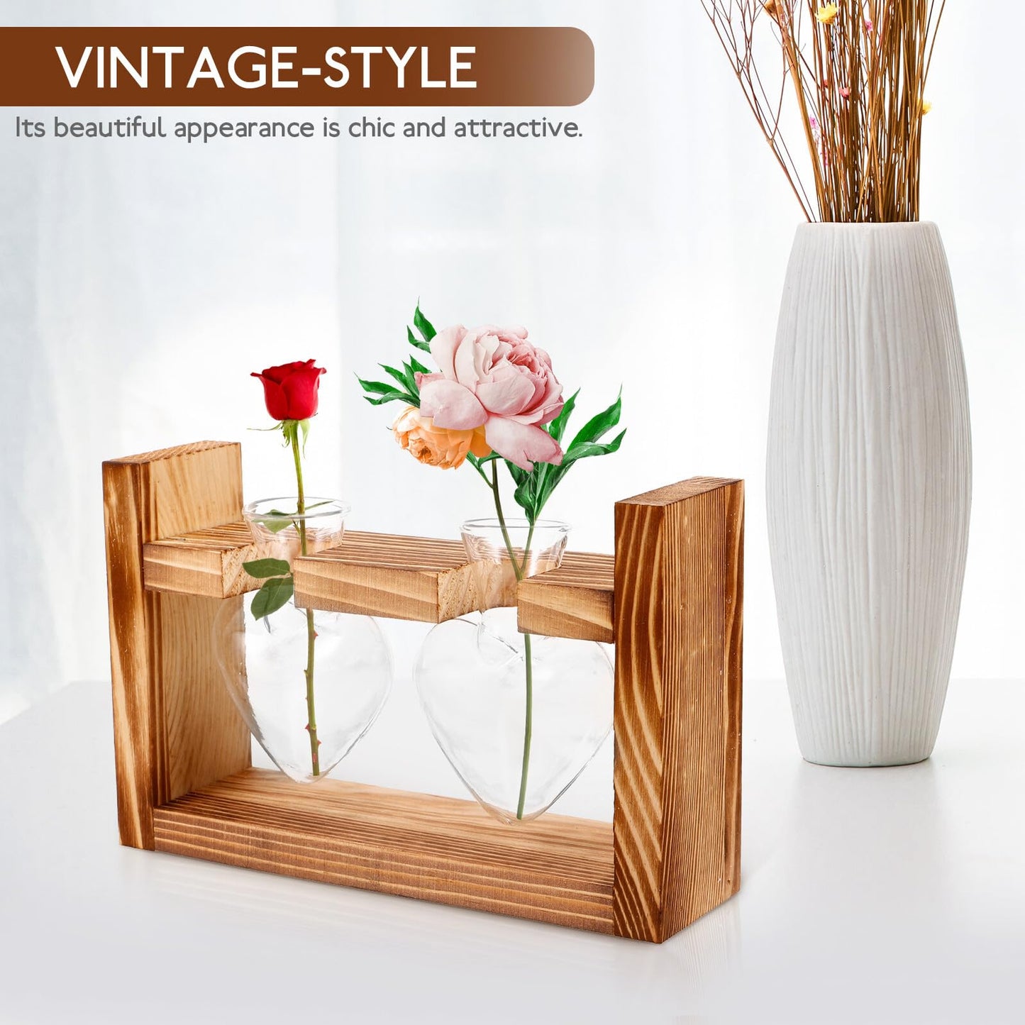 Housoutil Heart-Shaped Glass Planter Vase with Wooden Stand for Hydroponic Plants, Tabletop Terrarium Decor for Indoor Garden and Home Ornament, 2pcs Set