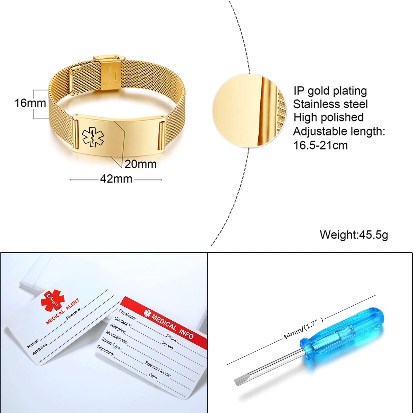 VNOX Width Medical Alert Bracelets for Men with Free Custom Engraving Adjustable Stainless Steel Mesh Emergency Medical ID Bracelets Wristband,Gold Plated
