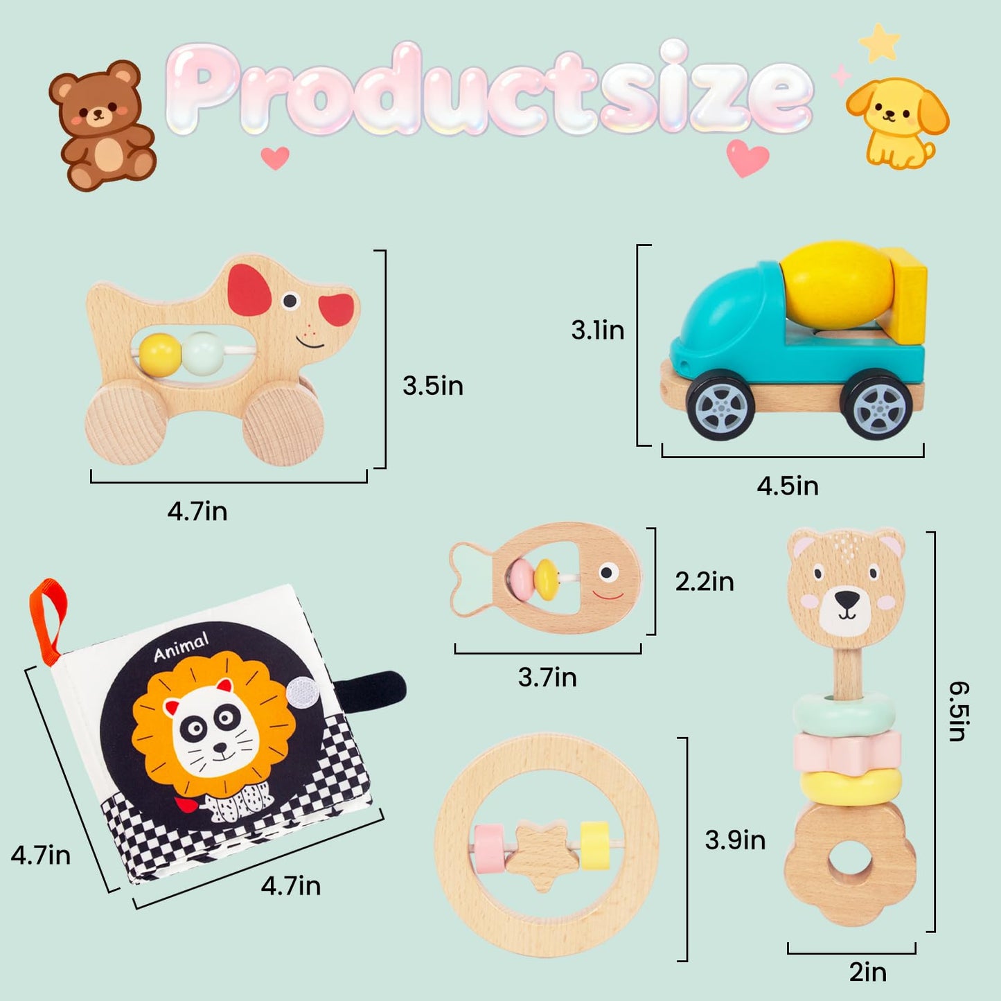 Wooden Baby Toy 6pcs, Montessori Toys for Babies 1-3 Years Old, Wooden Rattles Soft Book Car Toy Set for Infant Grasping, Sensory Development, Gift for Baby Boys Girls