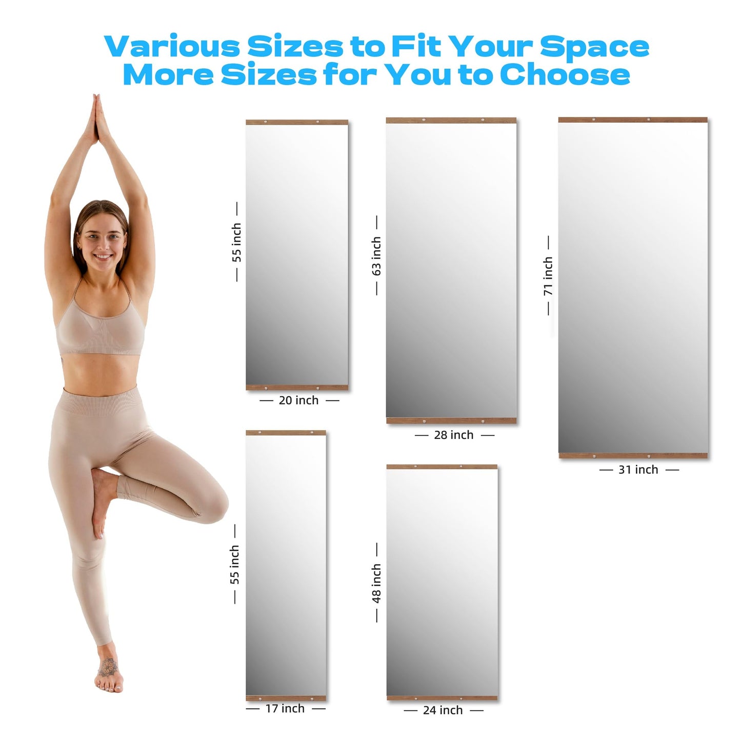 Hasipu 2Pcs 63''x28'' Home Gym Mirror Large Full Length Wall Mounted Full Body Mirror for Yoga Dance Fitness Exercise Studio Bedroom Garage, Frameless Tempered Glass Workout Mirrors Walnut Rectangular