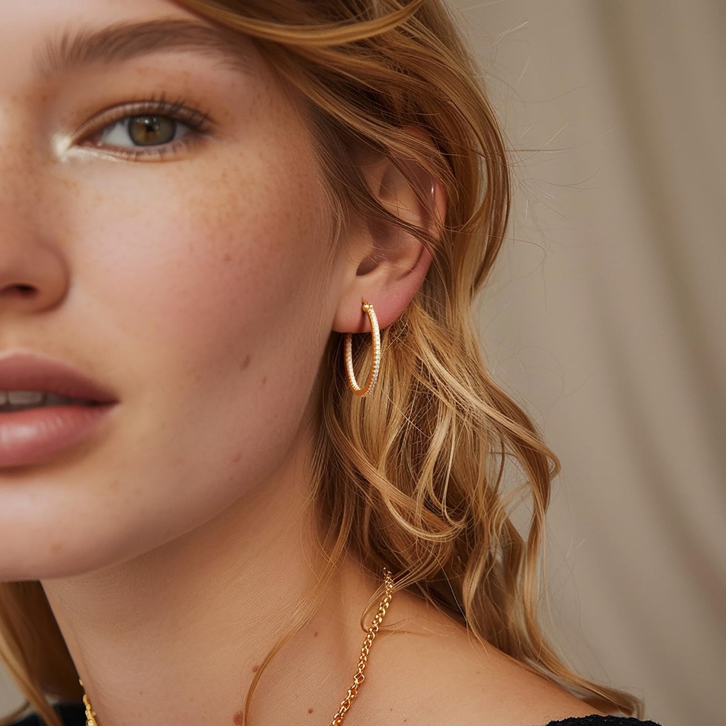 Aidomiya Gold Hoop Earrings 14K Gold Hoop Earrings for Women with Dual-sided Cubic Zirconia Hoops Earring for Women Sensitive Ears Hypoallergenic Womens earring 30MM